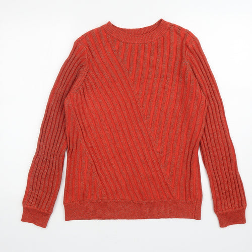 Saint Tropez Womens Orange Crew Neck Striped Acrylic Pullover Jumper Size S
