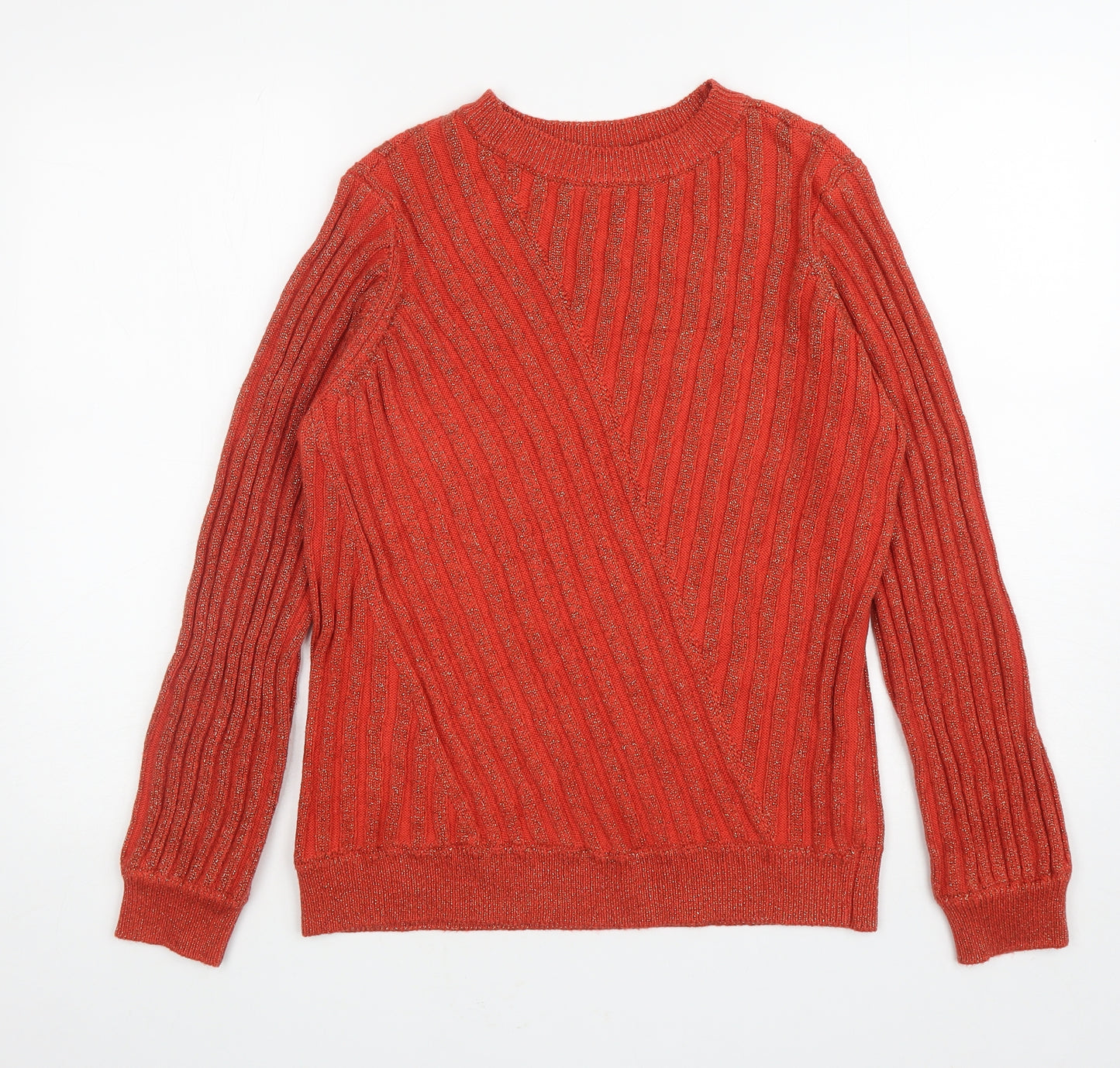 Saint Tropez Womens Orange Crew Neck Striped Acrylic Pullover Jumper Size S
