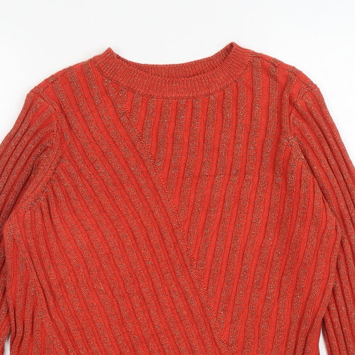 Saint Tropez Womens Orange Crew Neck Striped Acrylic Pullover Jumper Size S