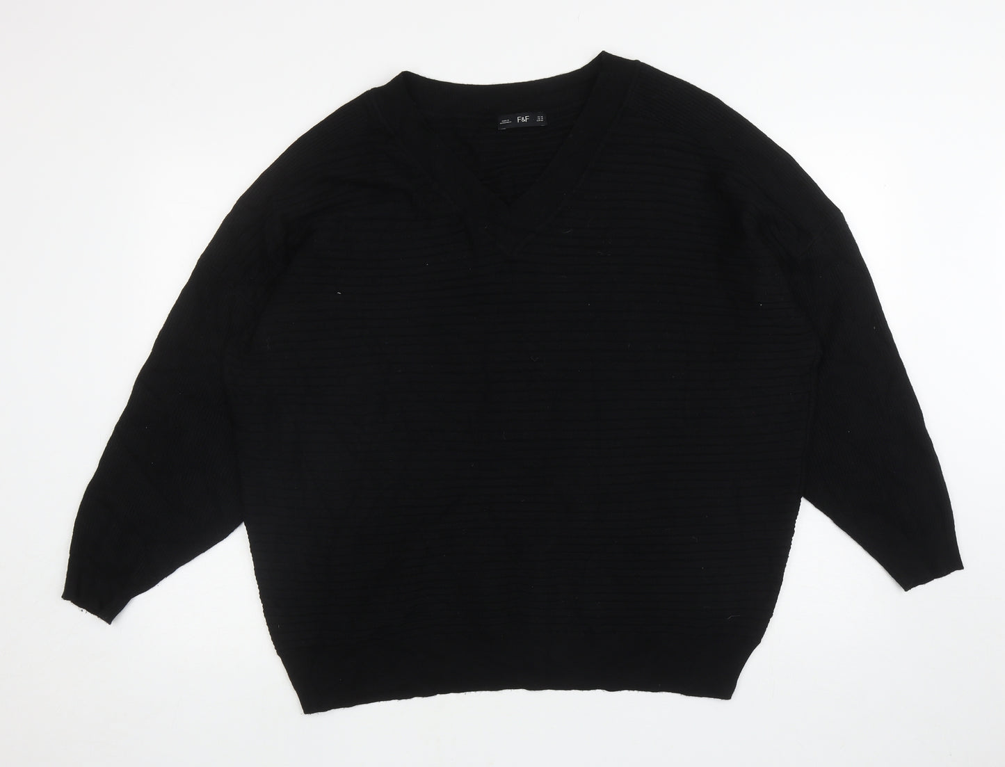 F&F Womens Black V-Neck Viscose Pullover Jumper Size 18