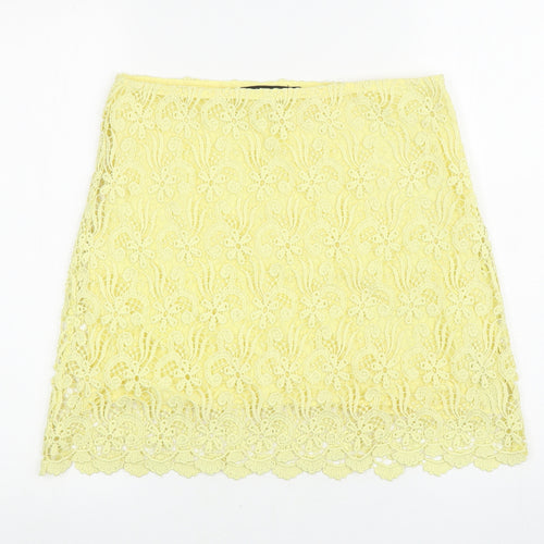 Zara Womens Yellow Floral Cotton A-Line Skirt Size S Zip