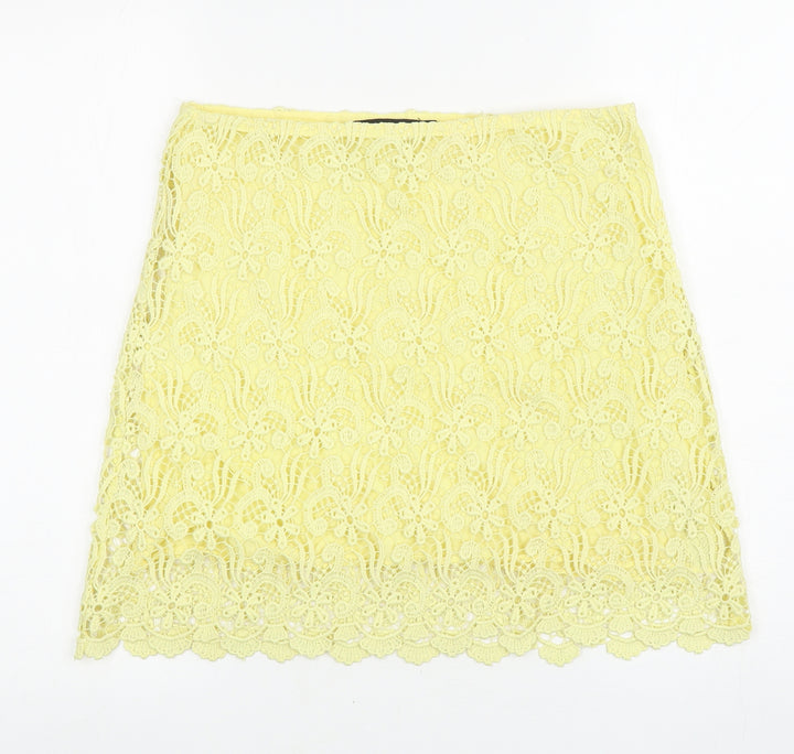 Zara Womens Yellow Floral Cotton A-Line Skirt Size S Zip