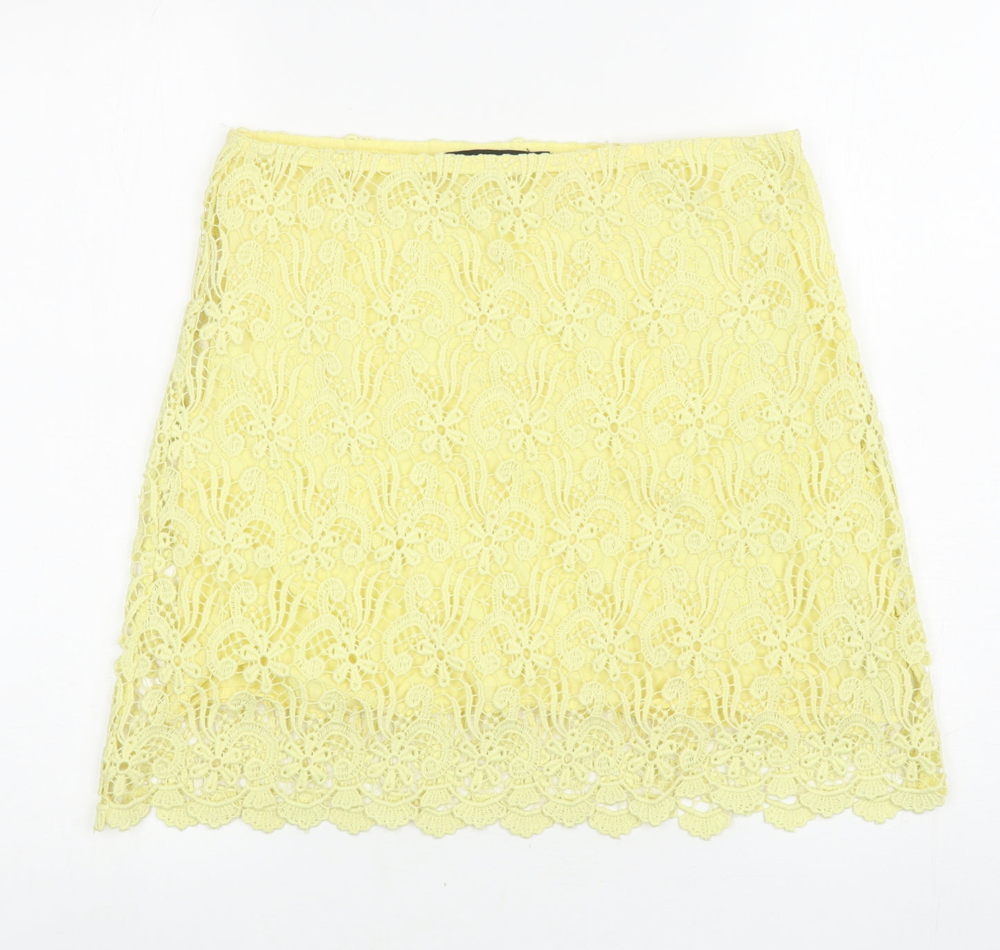 Zara Womens Yellow Floral Cotton A-Line Skirt Size S Zip