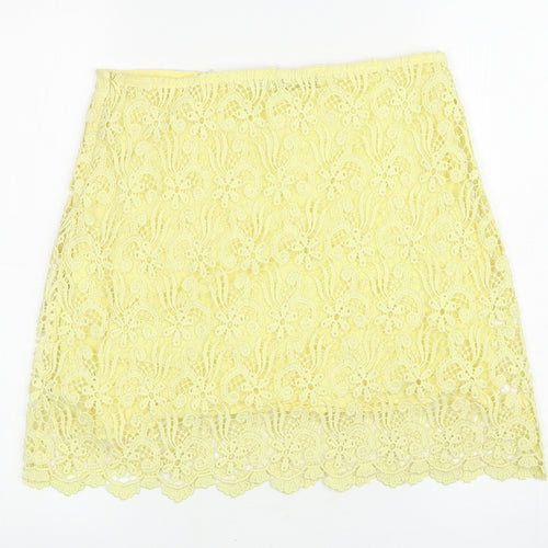Zara Womens Yellow Floral Cotton A-Line Skirt Size S Zip