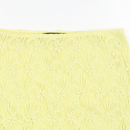 Zara Womens Yellow Floral Cotton A-Line Skirt Size S Zip