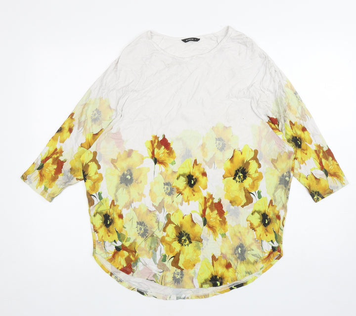 Roman Womens White Floral Polyester Basic T-Shirt Size 12 Round Neck