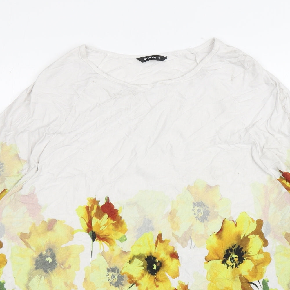 Roman Womens White Floral Polyester Basic T-Shirt Size 12 Round Neck