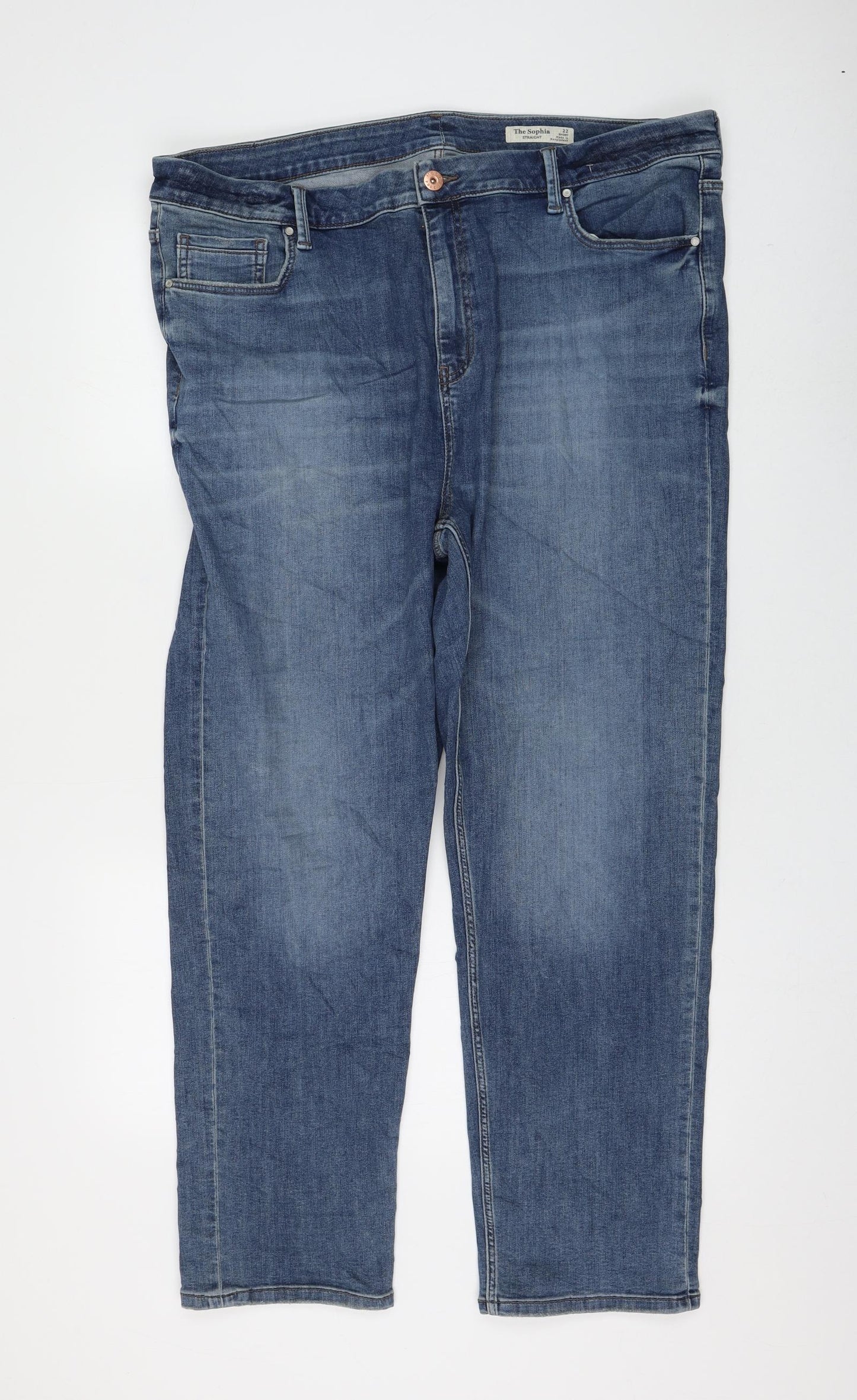 Marks and Spencer Womens Blue Cotton Straight Jeans Size 22 L28 in Regular Zip