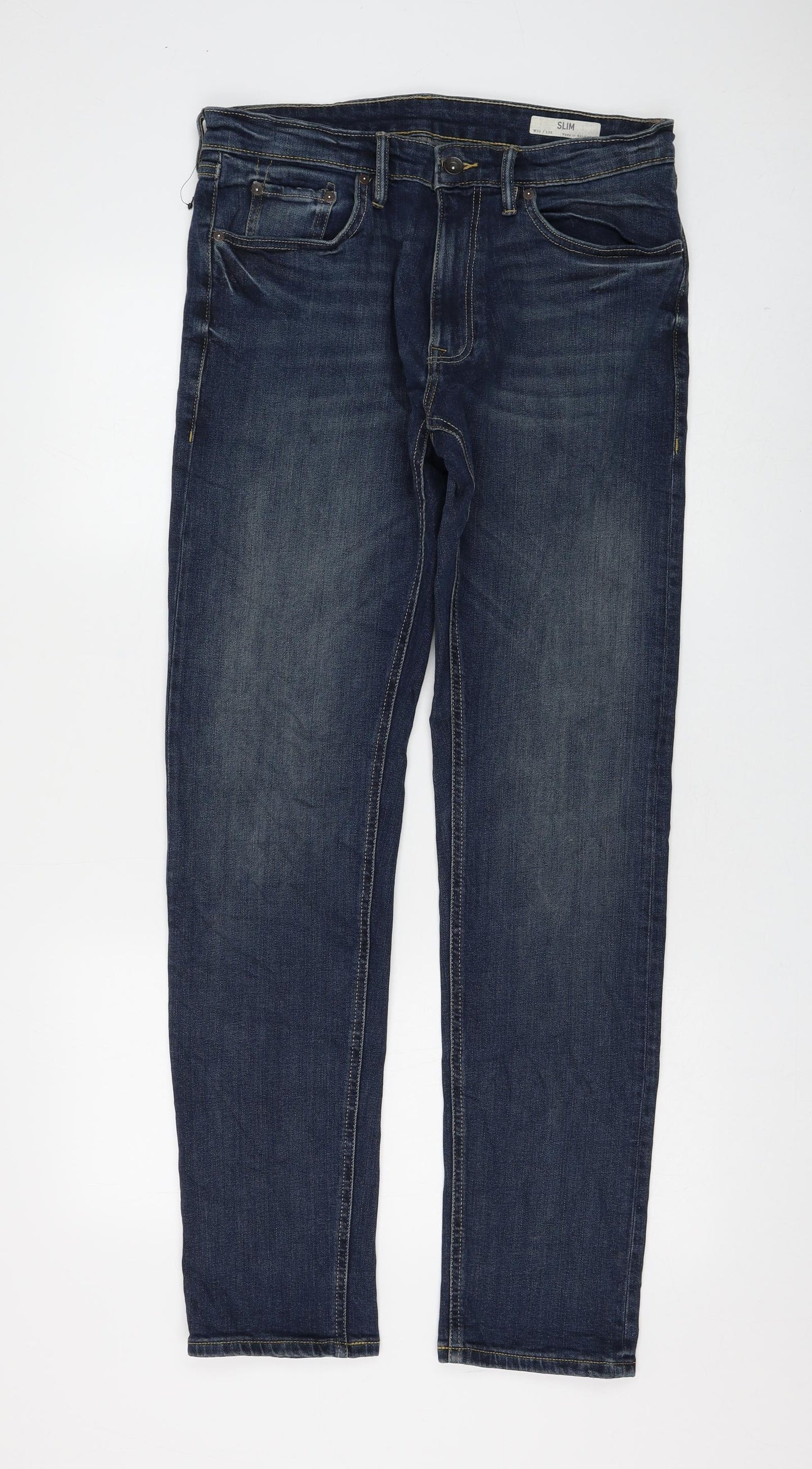 Marks and Spencer Womens Blue Cotton Straight Jeans Size 32 in L33 in Regular Zip