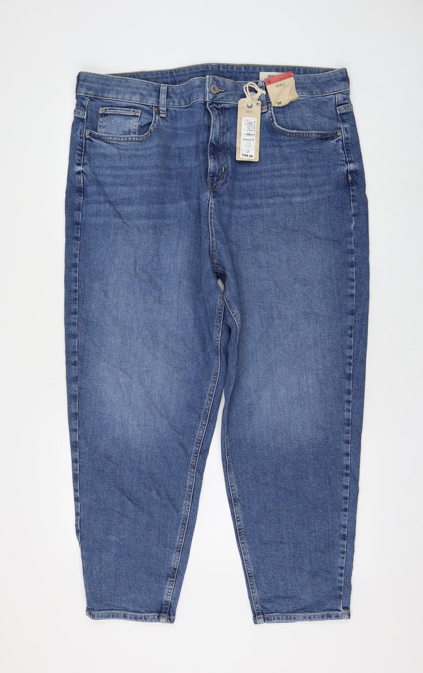 Marks and Spencer Womens Blue Cotton Straight Jeans Size 18 L26 in Regular Zip