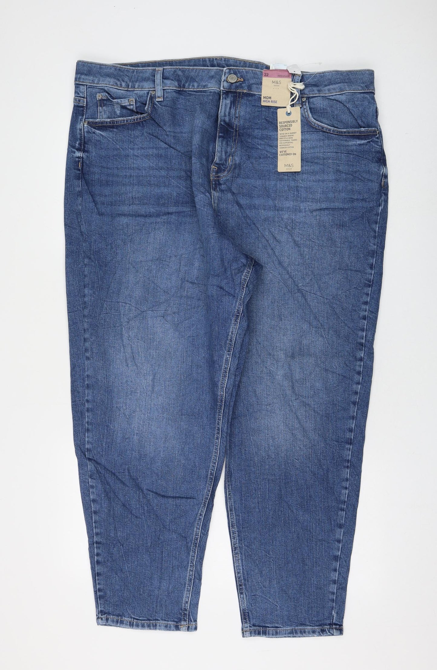 Marks and Spencer Womens Blue Cotton Mom Jeans Size 22 L26 in Regular Zip