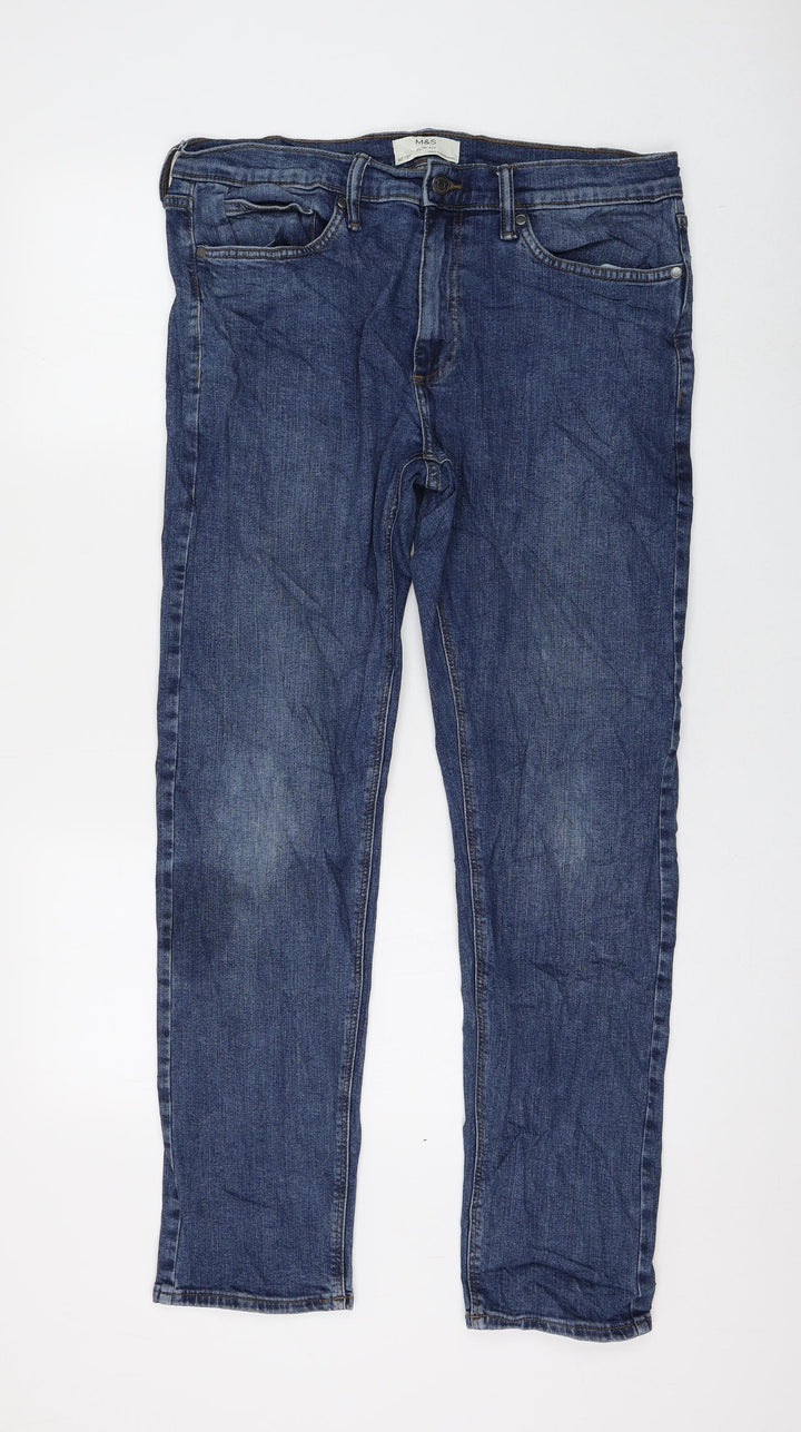 Marks and Spencer Womens Blue Cotton Straight Jeans Size 32 in L31 in Regular Zip