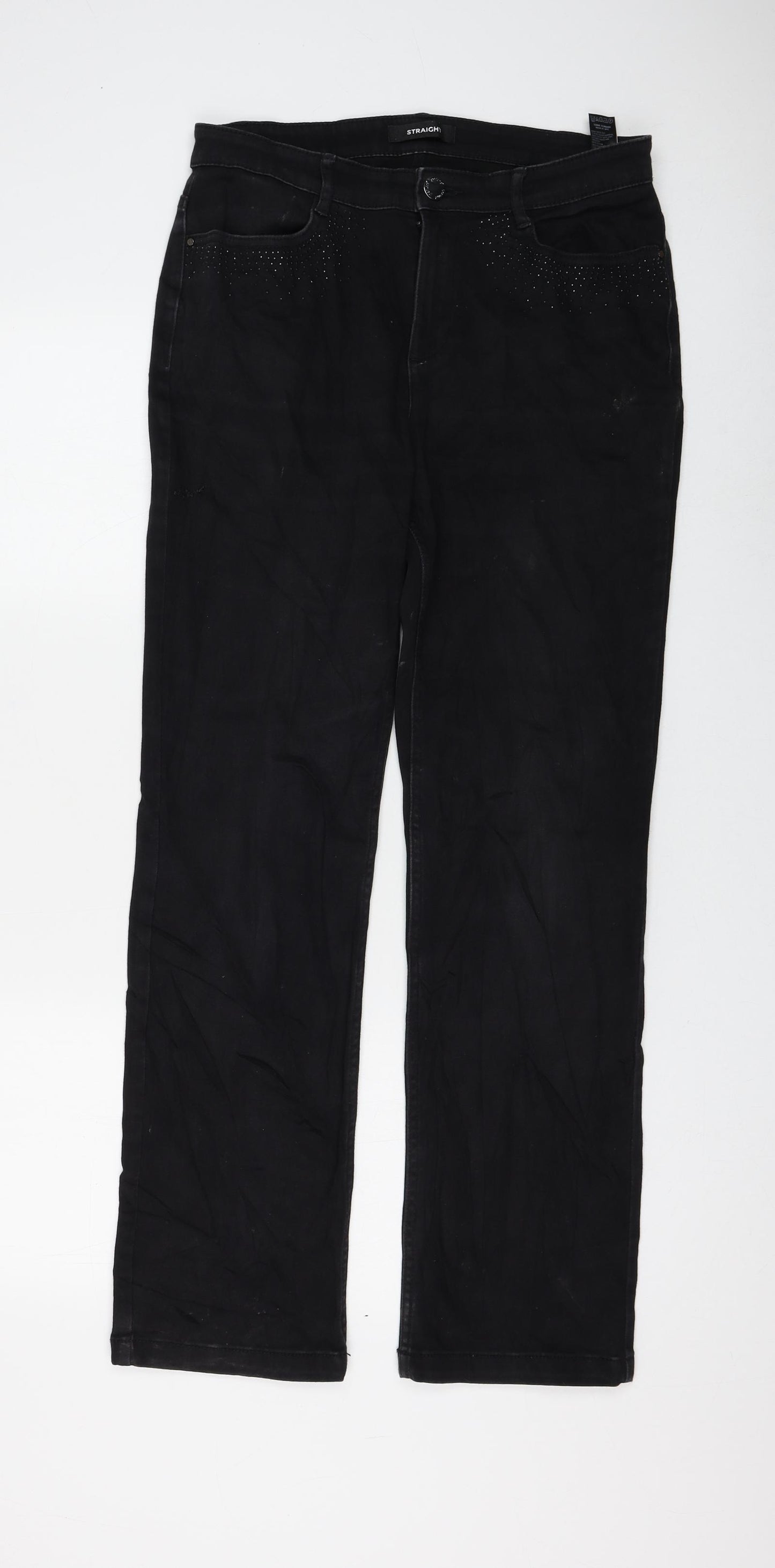 Marks and Spencer Womens Black Cotton Straight Jeans Size 12 L29 in Regular Zip