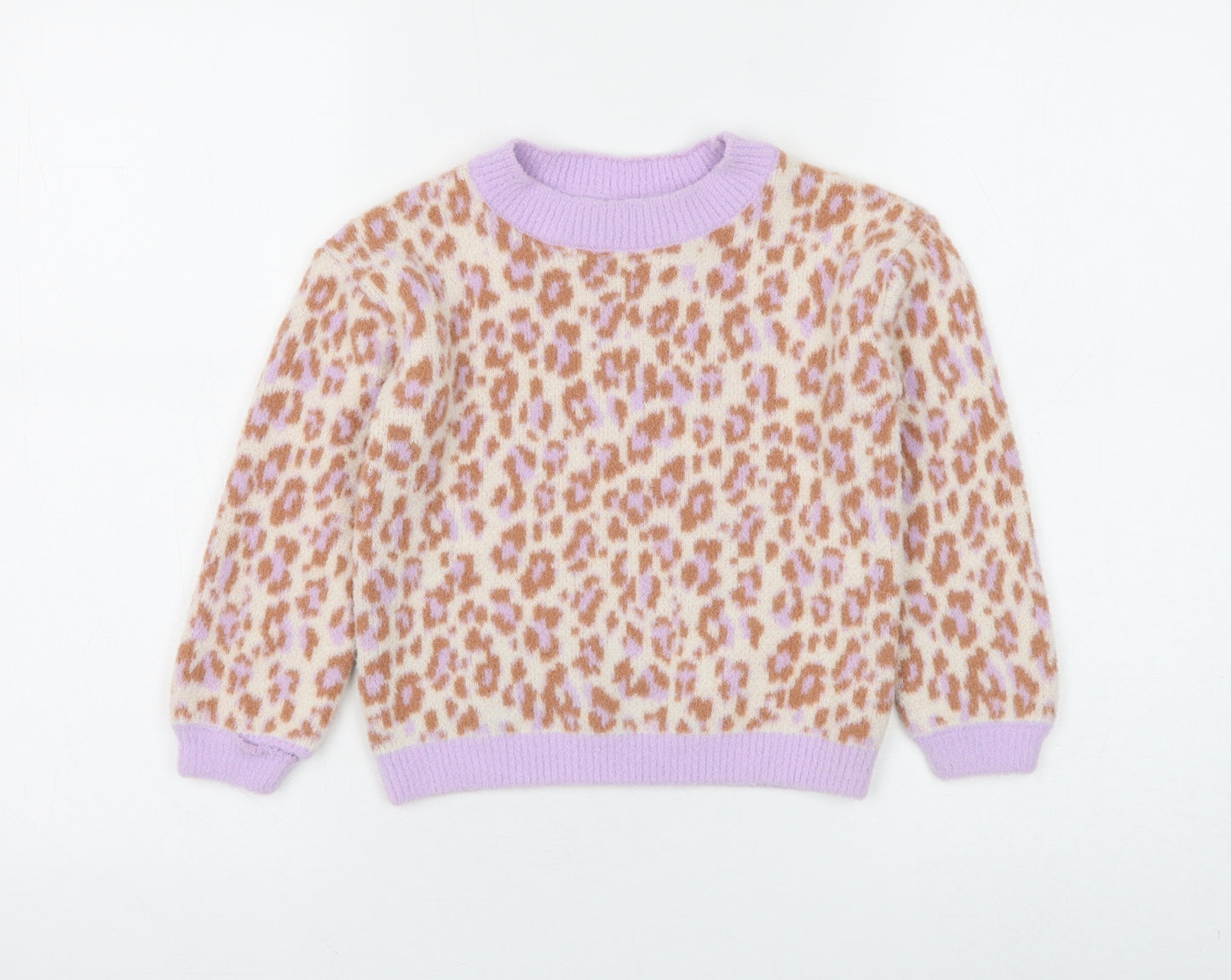 Marks and Spencer Girls Multicoloured Round Neck Animal Print Polyamide Pullover Jumper Size 6-7 Years Pullover - Leopard Print