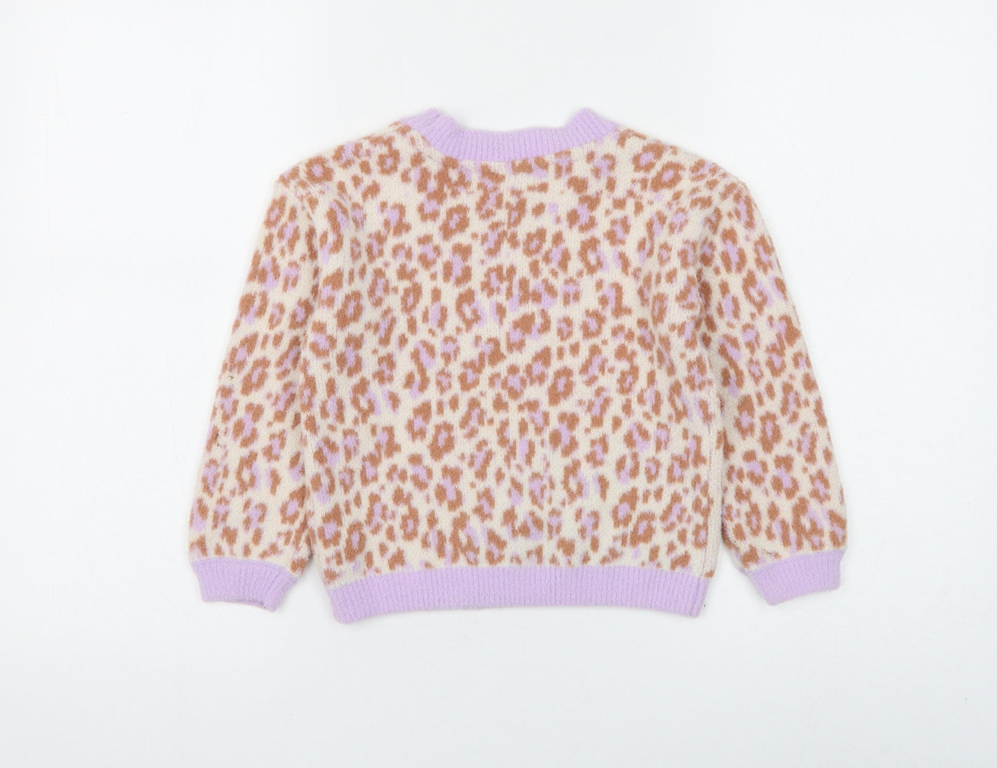 Marks and Spencer Girls Multicoloured Round Neck Animal Print Polyamide Pullover Jumper Size 6-7 Years Pullover - Leopard Print