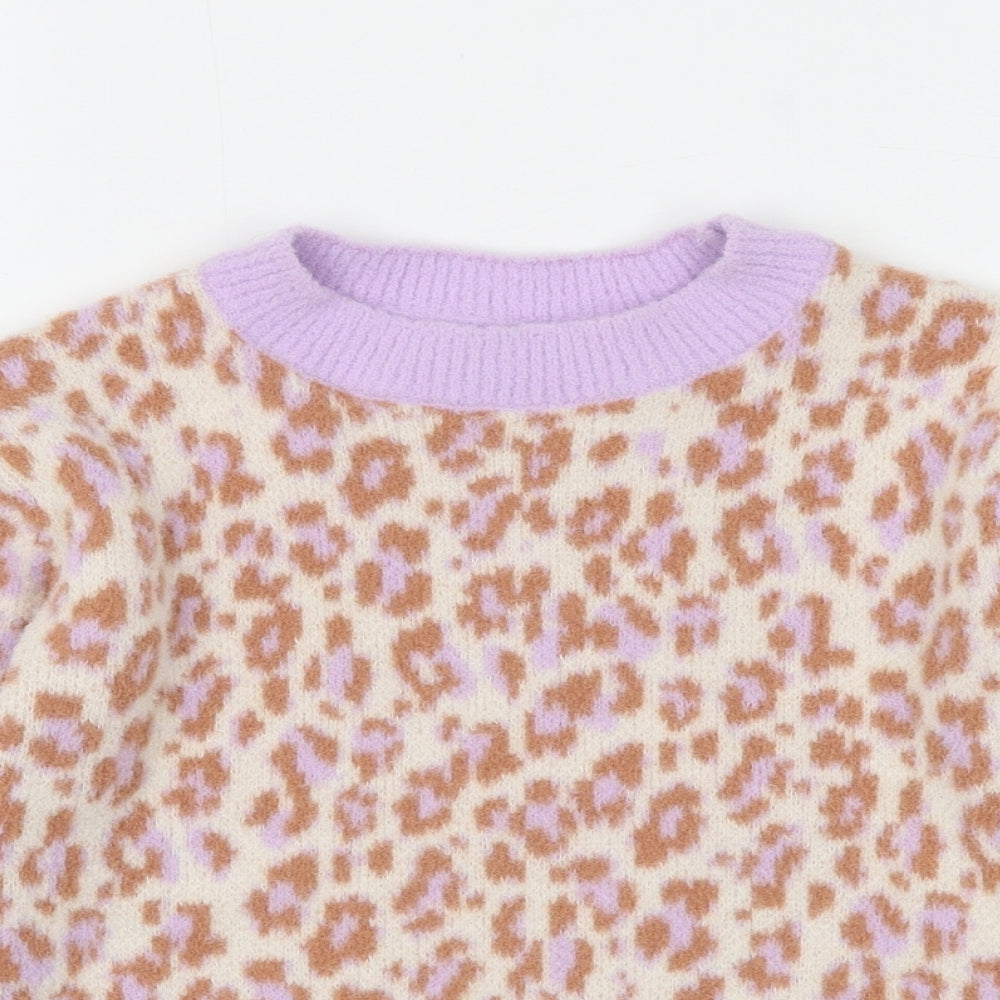 Marks and Spencer Girls Multicoloured Round Neck Animal Print Polyamide Pullover Jumper Size 6-7 Years Pullover - Leopard Print
