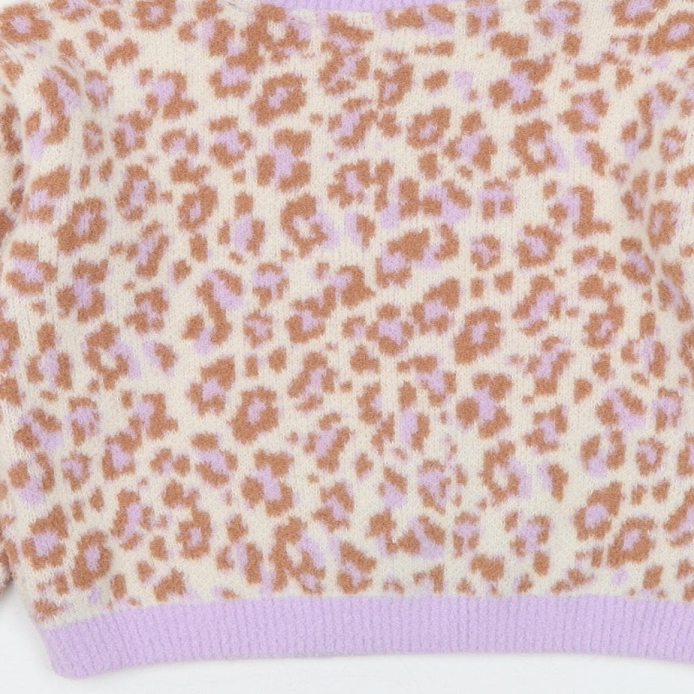 Marks and Spencer Girls Multicoloured Round Neck Animal Print Polyamide Pullover Jumper Size 6-7 Years Pullover - Leopard Print