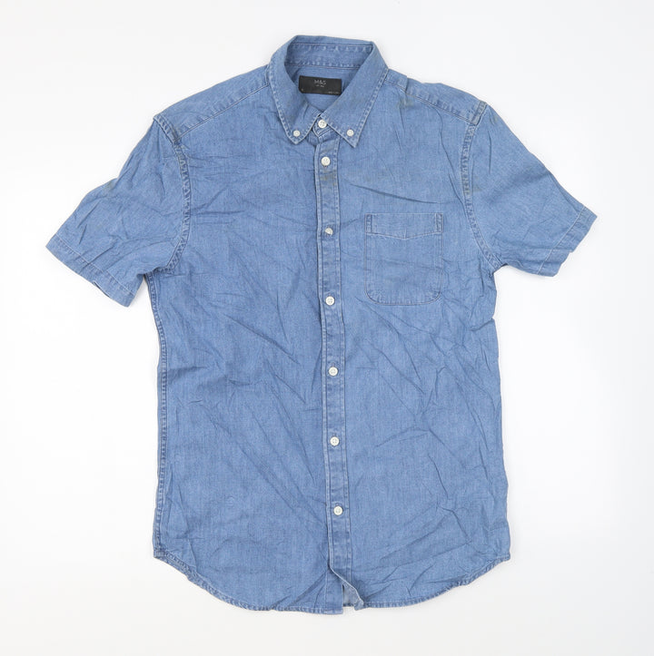 Marks and Spencer Mens Blue Cotton Button-Up Size S Collared Button