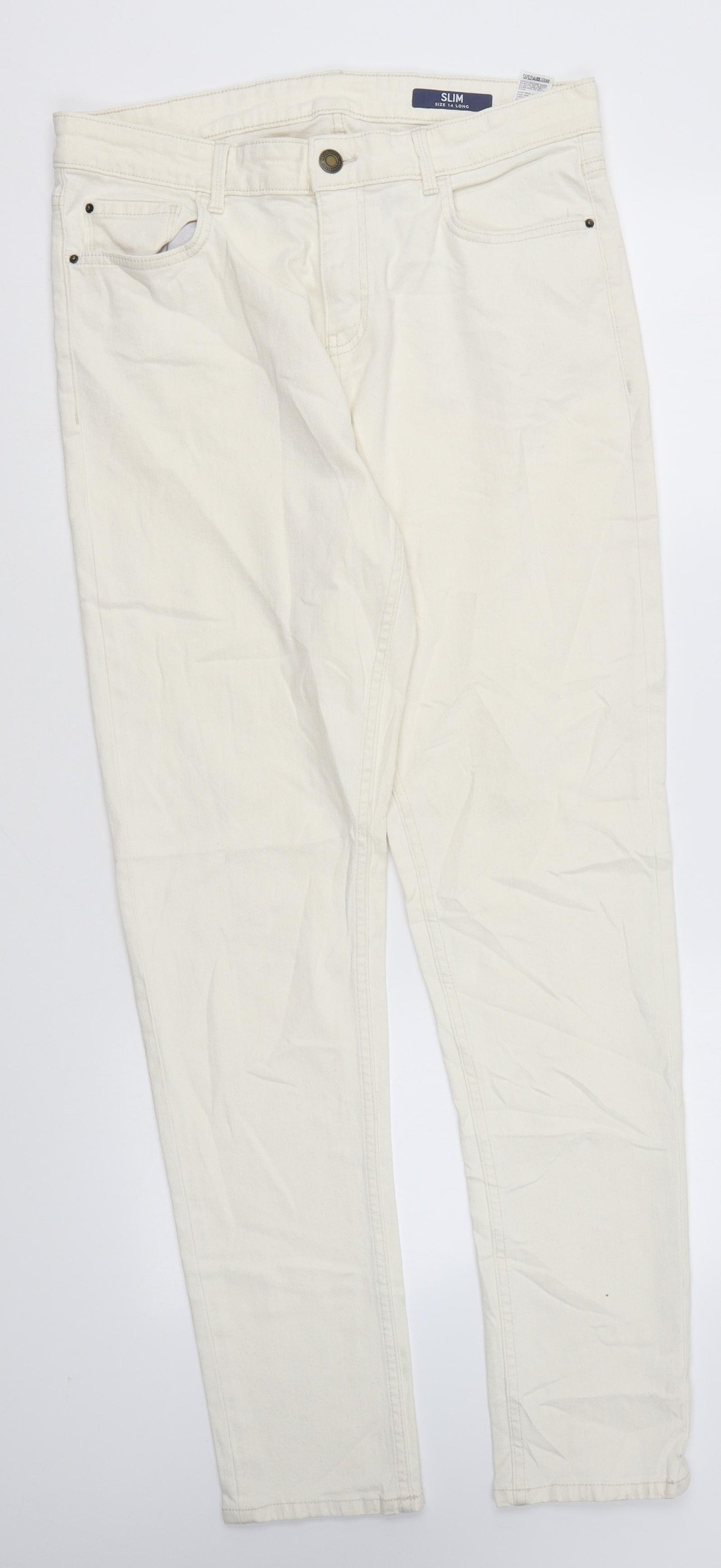 Marks and Spencer Womens Ivory Cotton Straight Jeans Size 14 L29 in Slim Zip - Long