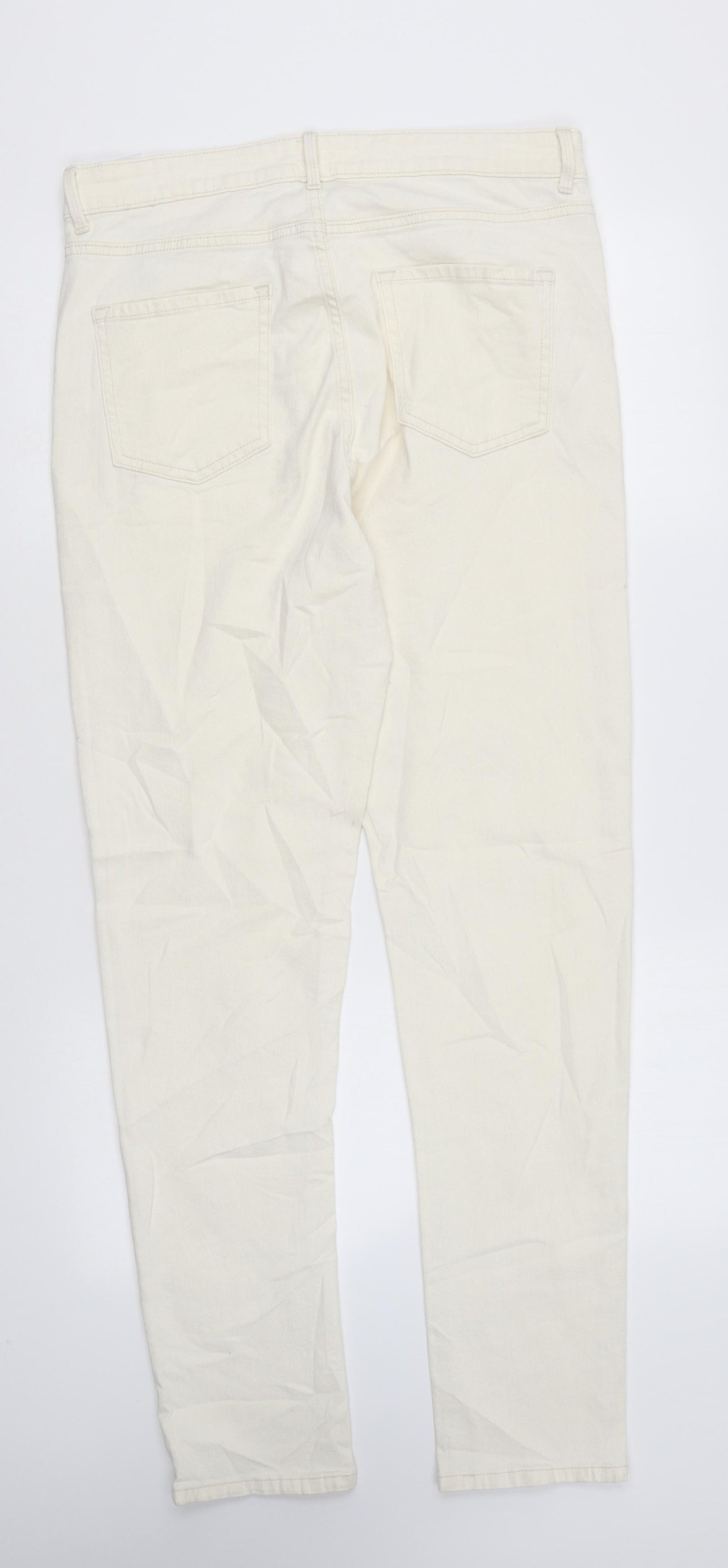 Marks and Spencer Womens Ivory Cotton Straight Jeans Size 14 L29 in Slim Zip - Long