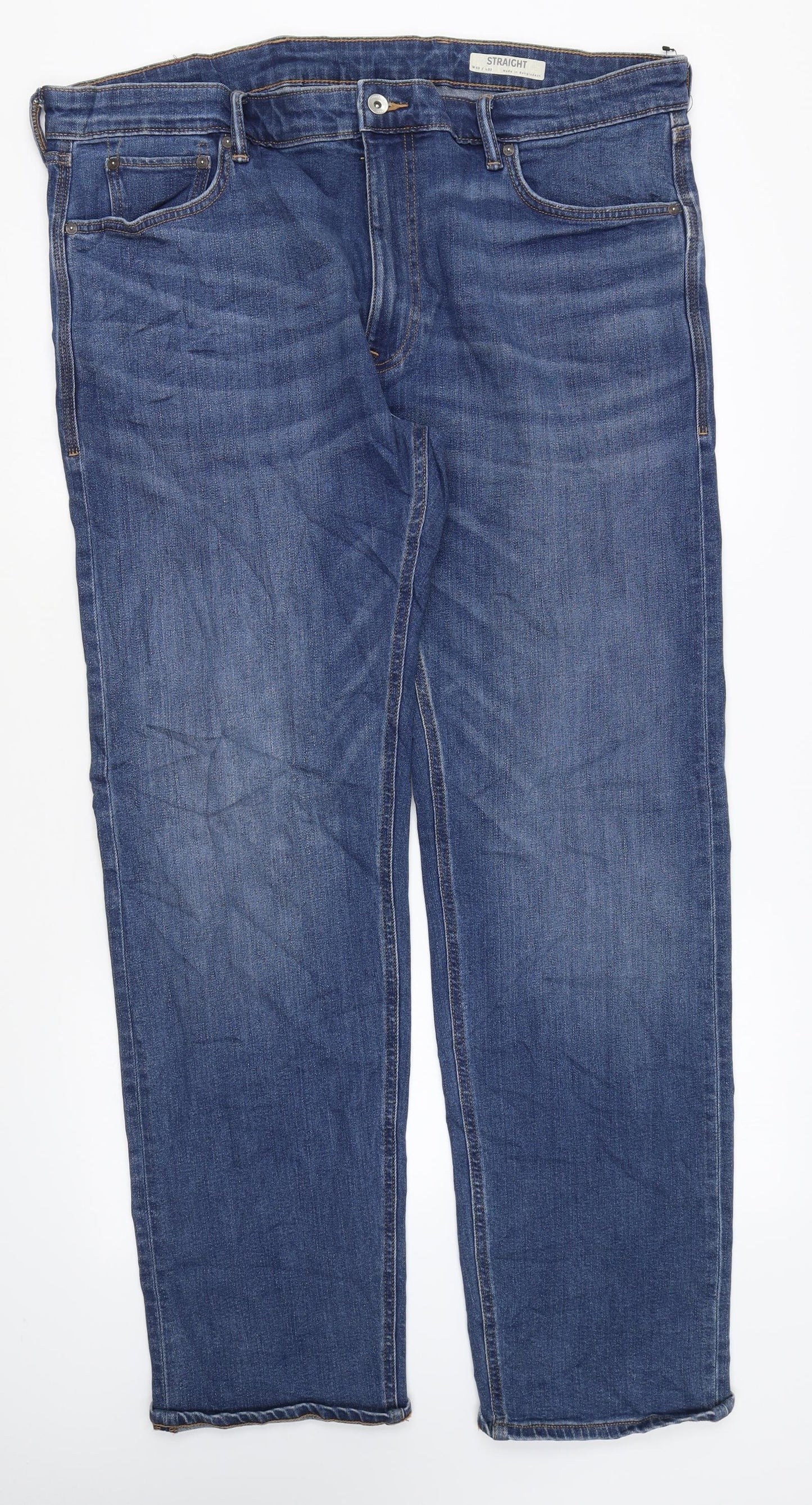 Marks and Spencer Womens Blue Cotton Straight Jeans Size 40 in L33 in Regular Zip