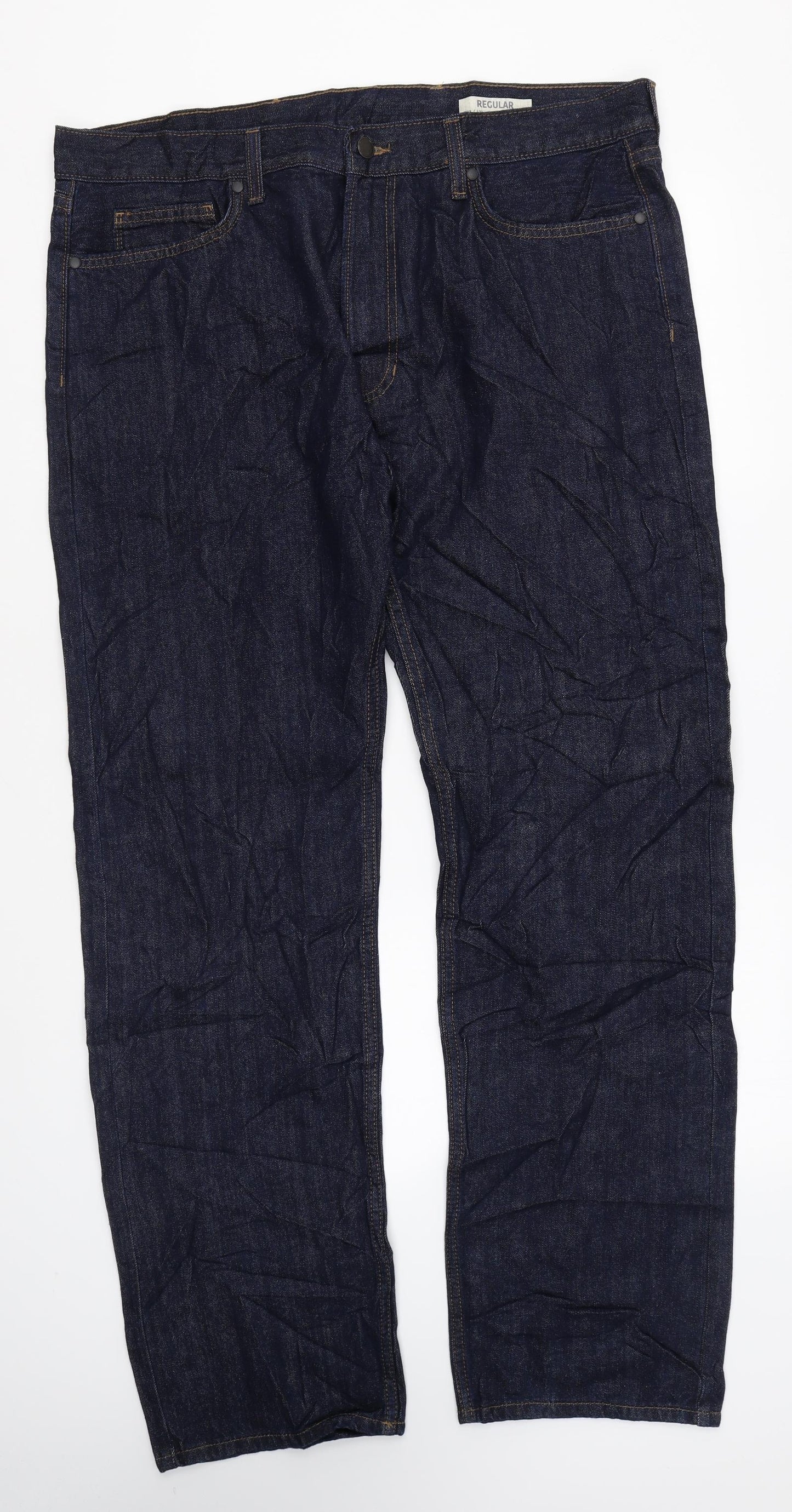 Marks and Spencer Mens Blue Cotton Straight Jeans Size 38 in L31 in Regular Zip
