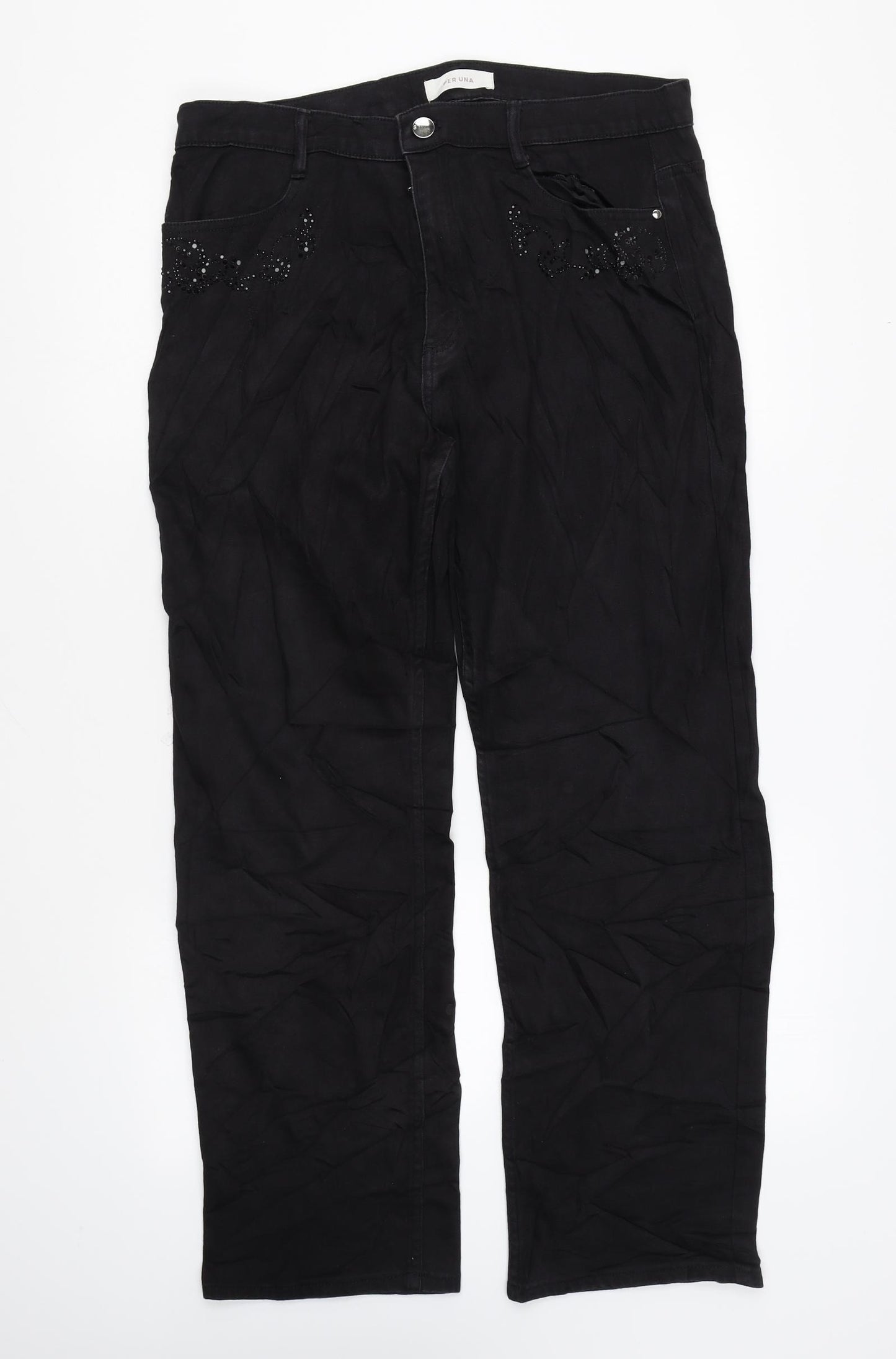Per Una Womens Black Cotton Straight Jeans Size 16 L27 in Regular Zip