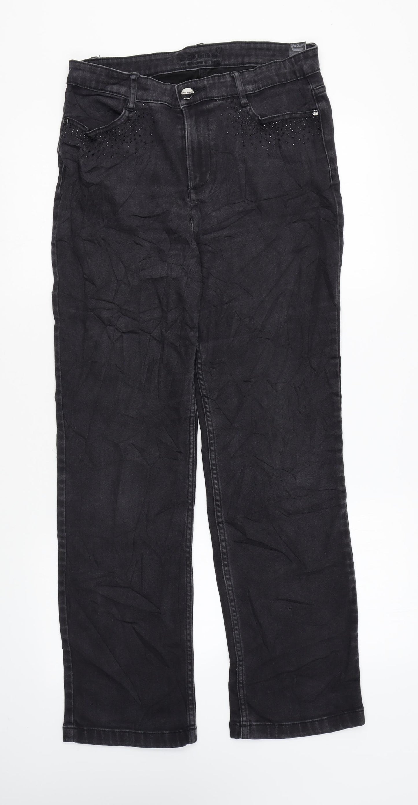 Per Una Womens Black Cotton Straight Jeans Size 12 L28 in Regular Zip