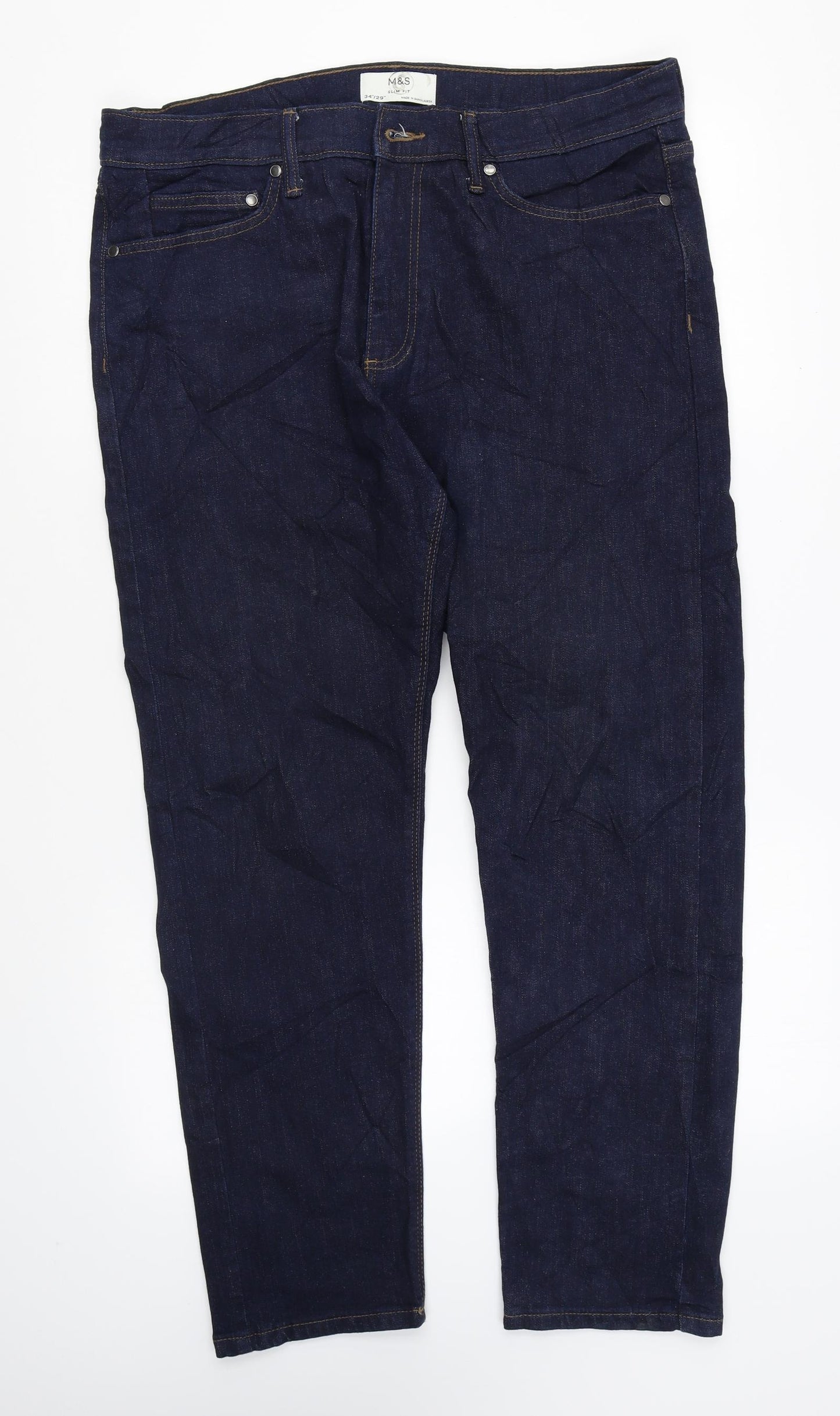Marks and Spencer Mens Blue Cotton Straight Jeans Size 34 in L29 in Regular Zip