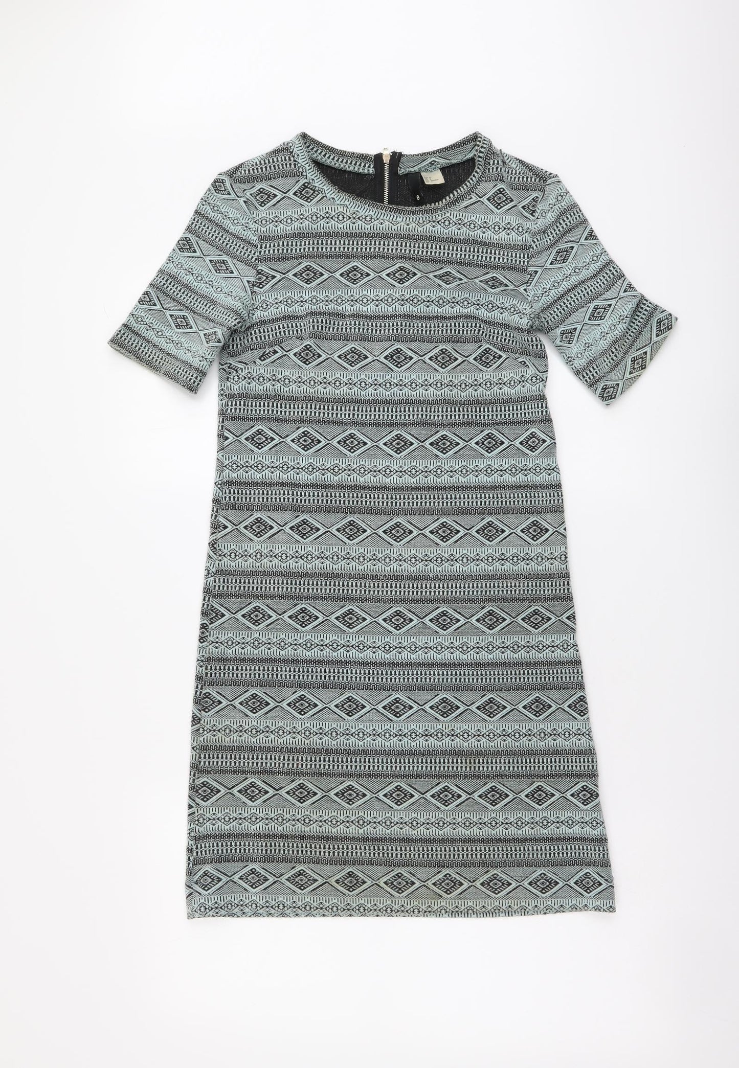 H&M Womens Green Geometric Polyester A-Line Size XS Round Neck Zip