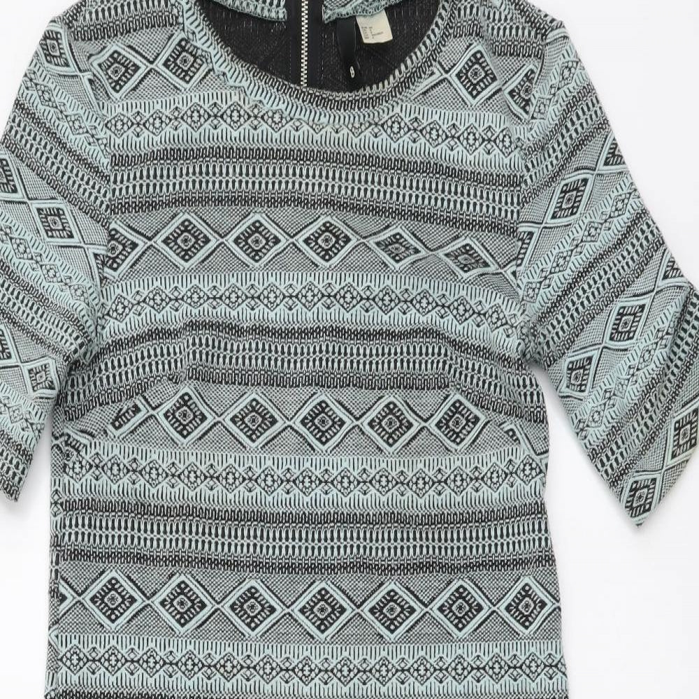 H&M Womens Green Geometric Polyester A-Line Size XS Round Neck Zip