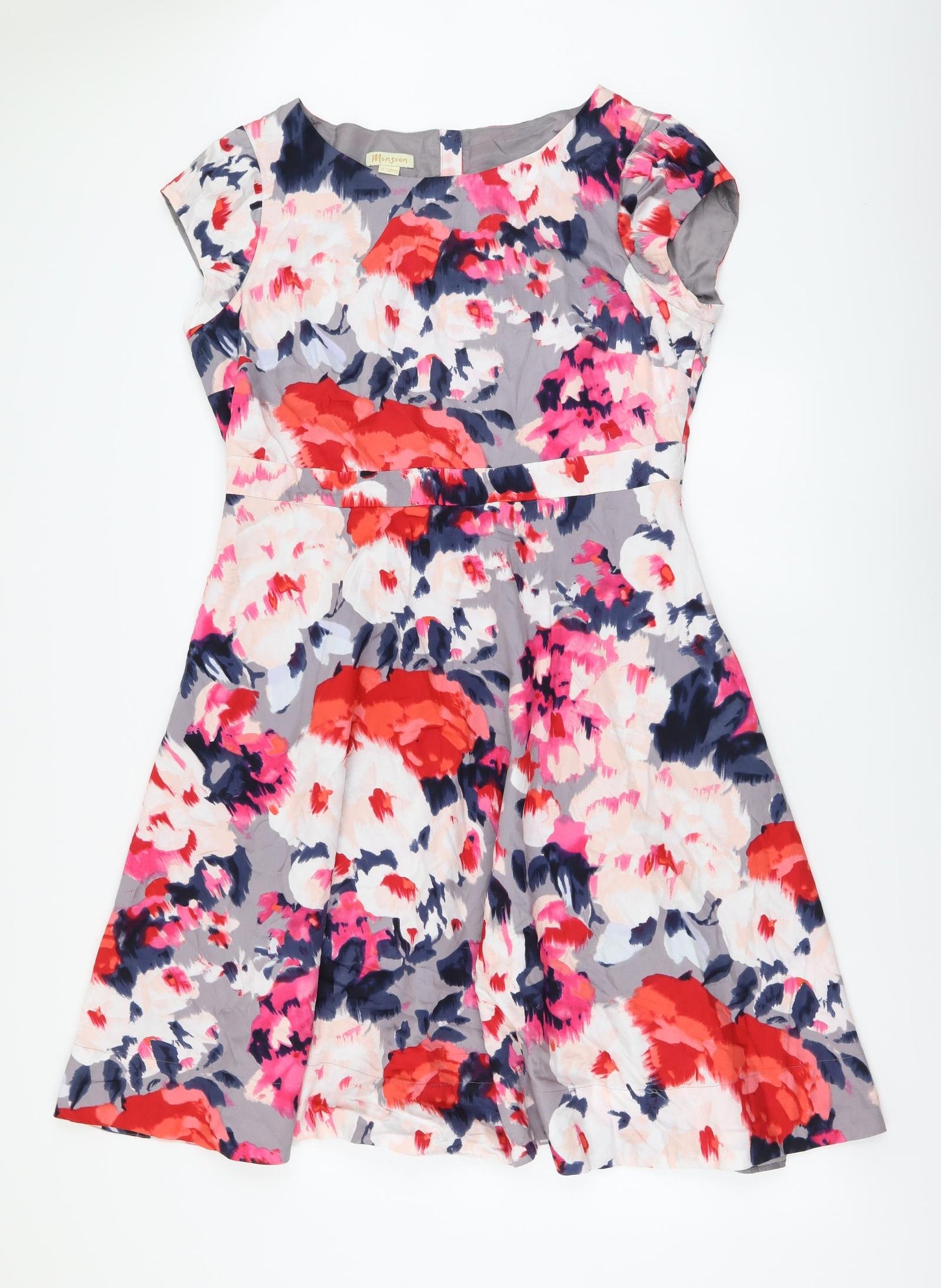 Monsoon Womens Multicoloured Floral Cotton Skater Dress Size 18 Boat Neck Button