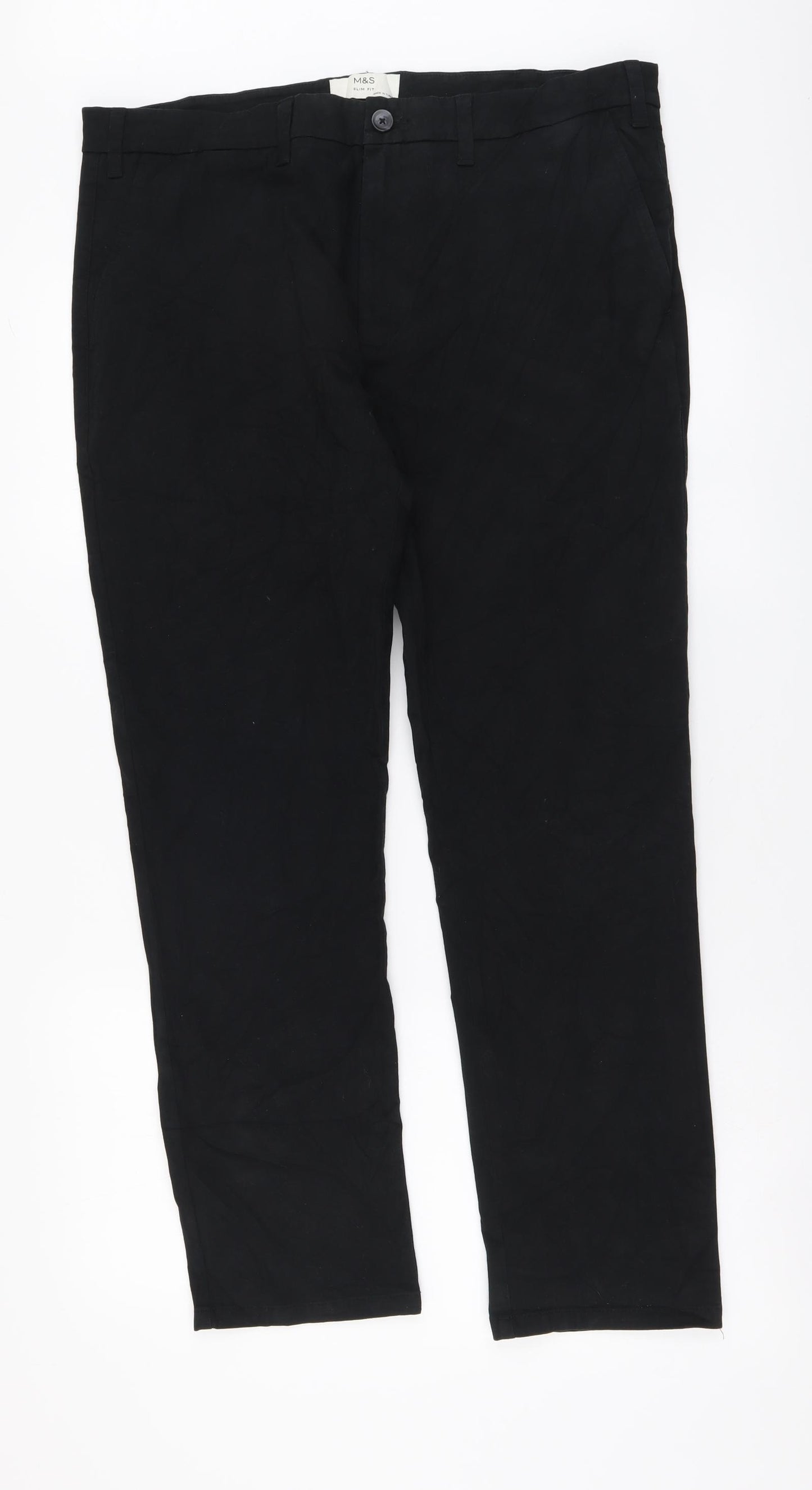 Marks and Spencer Mens Black Cotton Trousers Size 36 in L29 in Regular Button