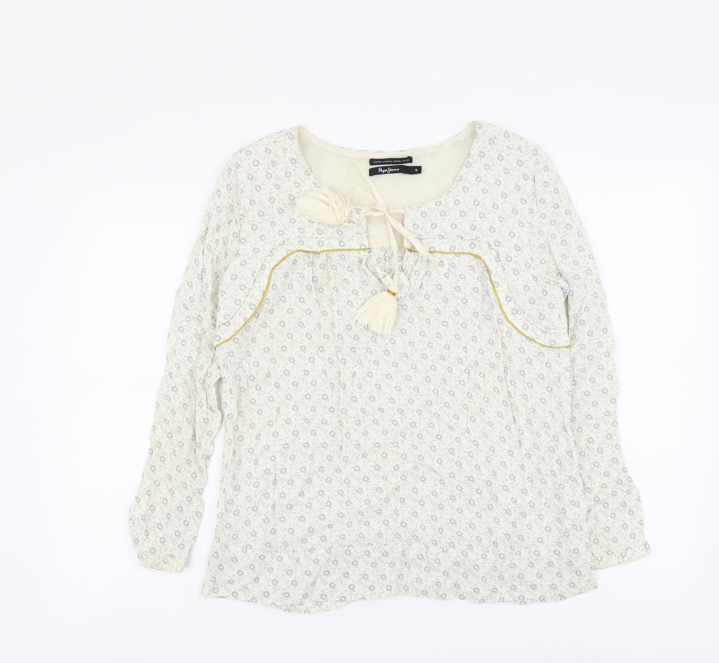Pepe Jeans Womens Beige Floral Polyester Basic Blouse Size M Round Neck