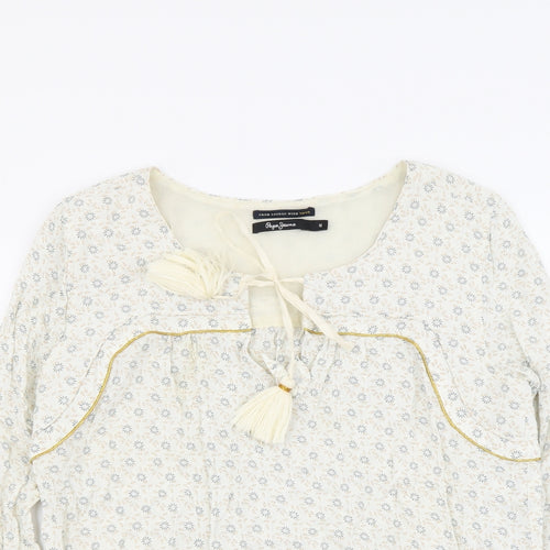 Pepe Jeans Womens Beige Floral Polyester Basic Blouse Size M Round Neck