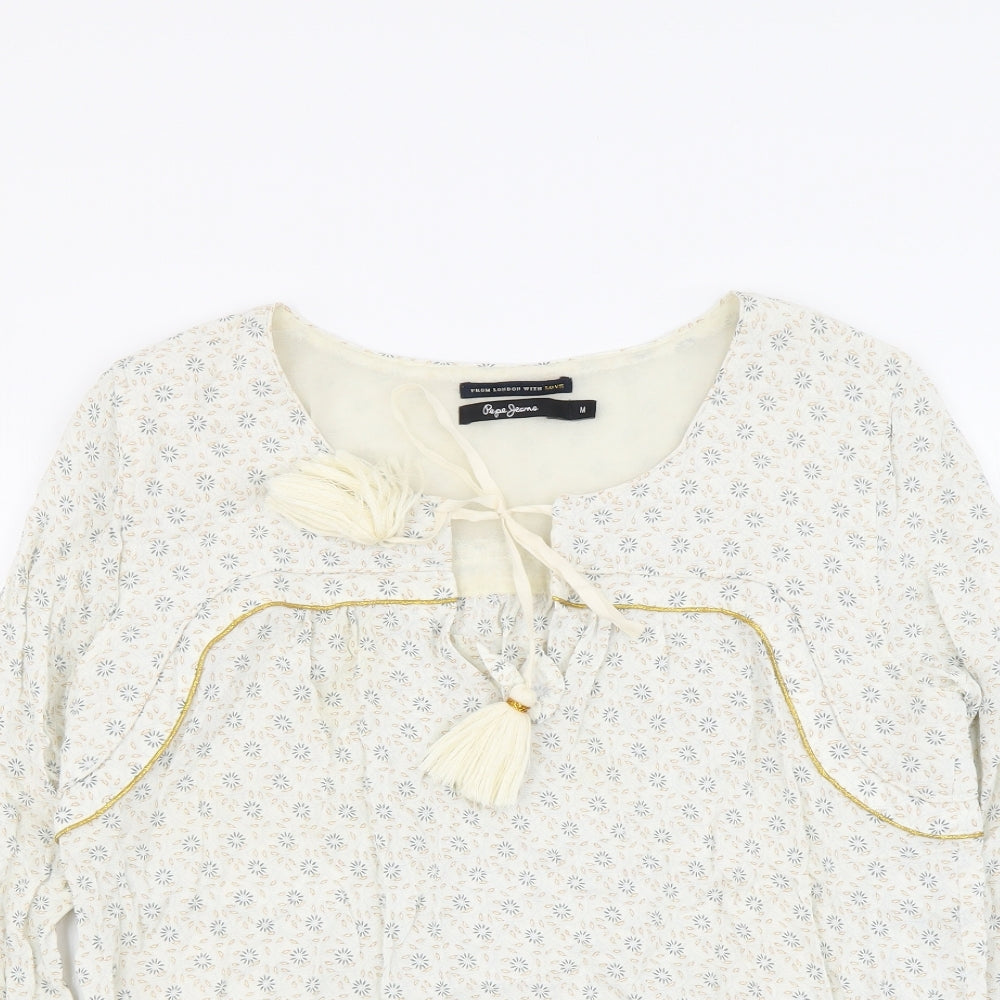 Pepe Jeans Womens Beige Floral Polyester Basic Blouse Size M Round Neck