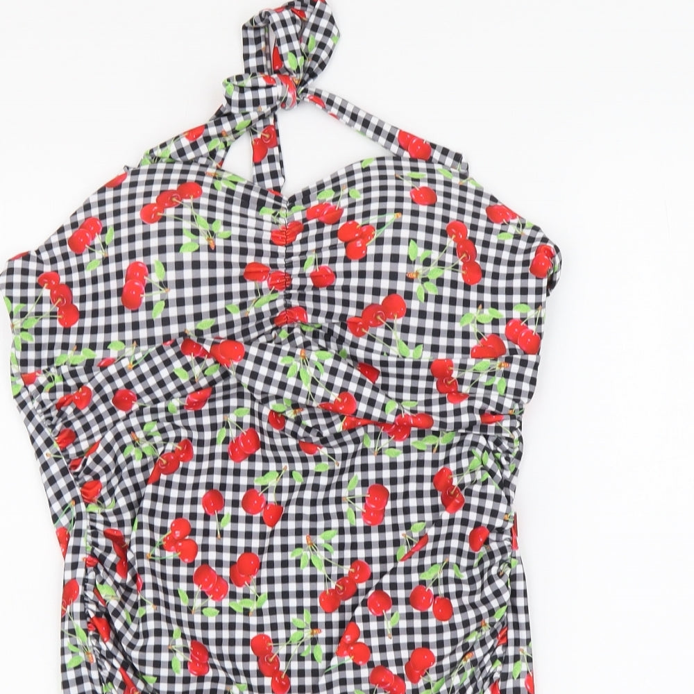 Blooming Jelly Womens Grey Check Nylon One Piece Size L - Cherry Print