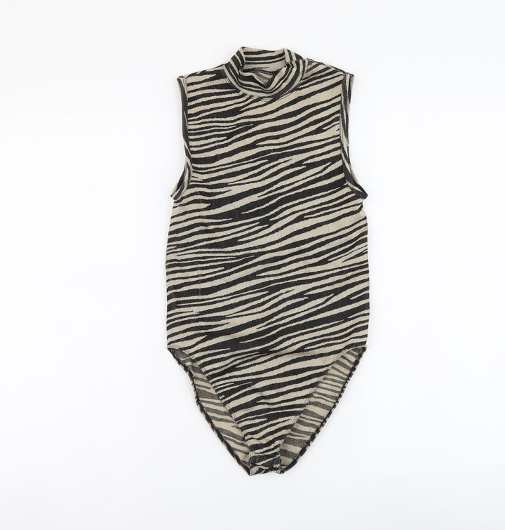 Primark Womens Beige Animal Print Polyester Bodysuit One-Piece Size XS Snap - Zebra skin pattern