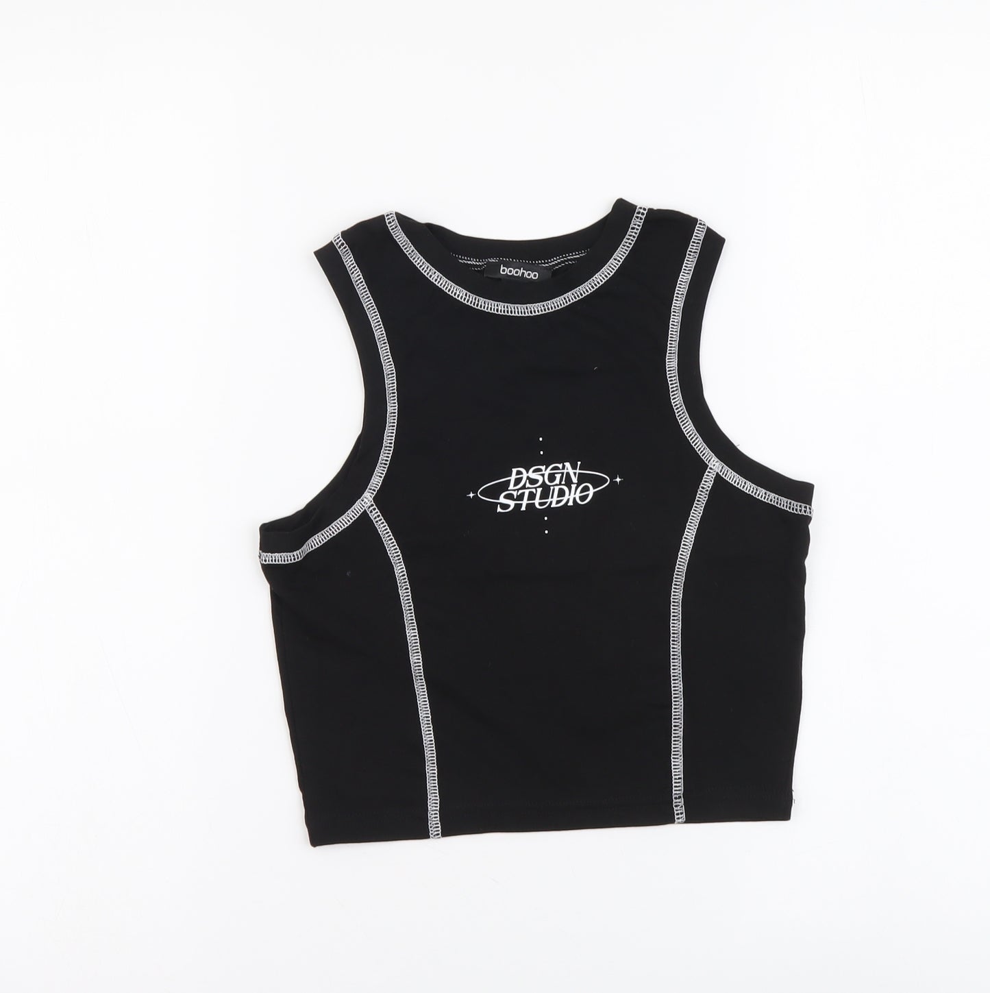 Boohoo Womens Black Cotton Cropped Tank Size 12 Round Neck - DSGN STUDIO