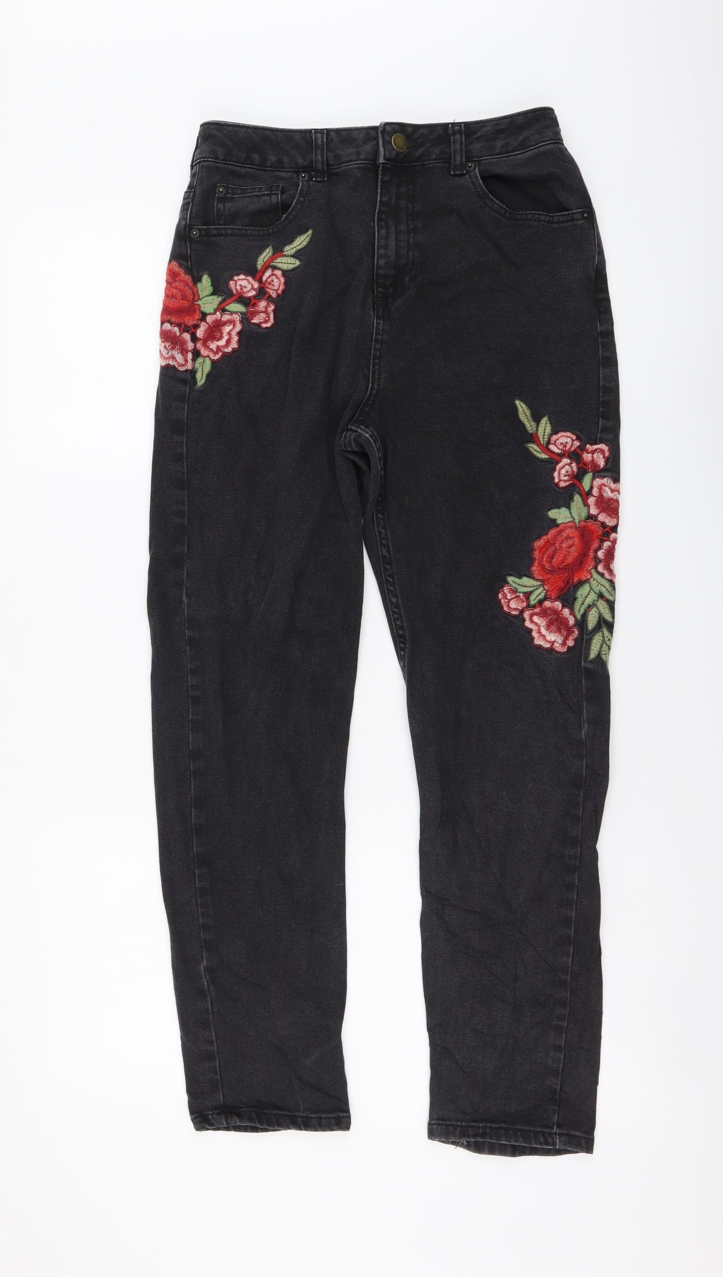 Miss Selfridge Womens Black Cotton Straight Jeans Size 12 L27 in Regular Button - Flower Detail