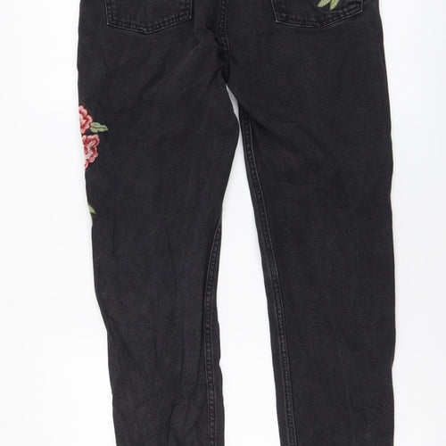 Miss Selfridge Womens Black Cotton Straight Jeans Size 12 L27 in Regular Button - Flower Detail