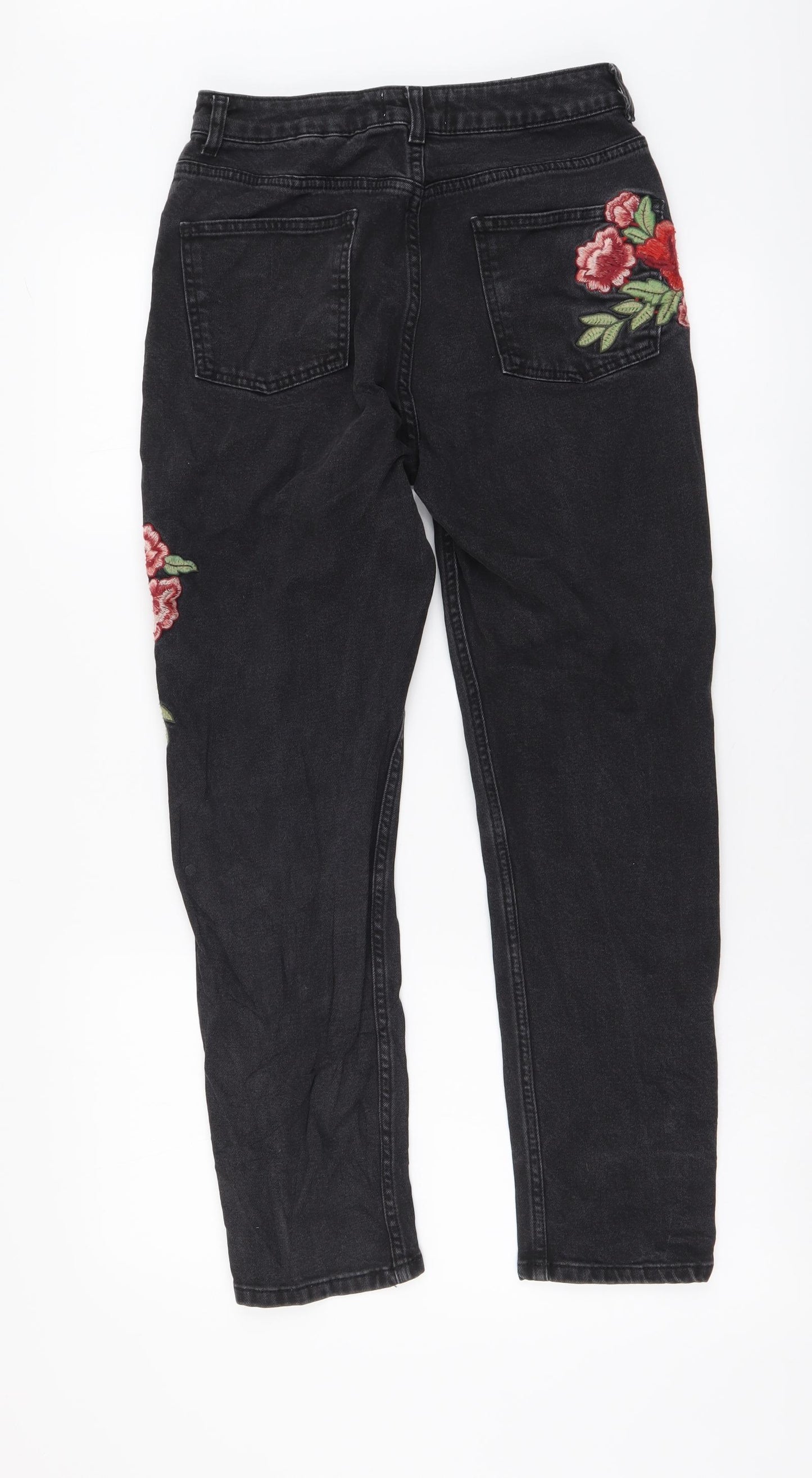 Miss Selfridge Womens Black Cotton Straight Jeans Size 12 L27 in Regular Button - Flower Detail
