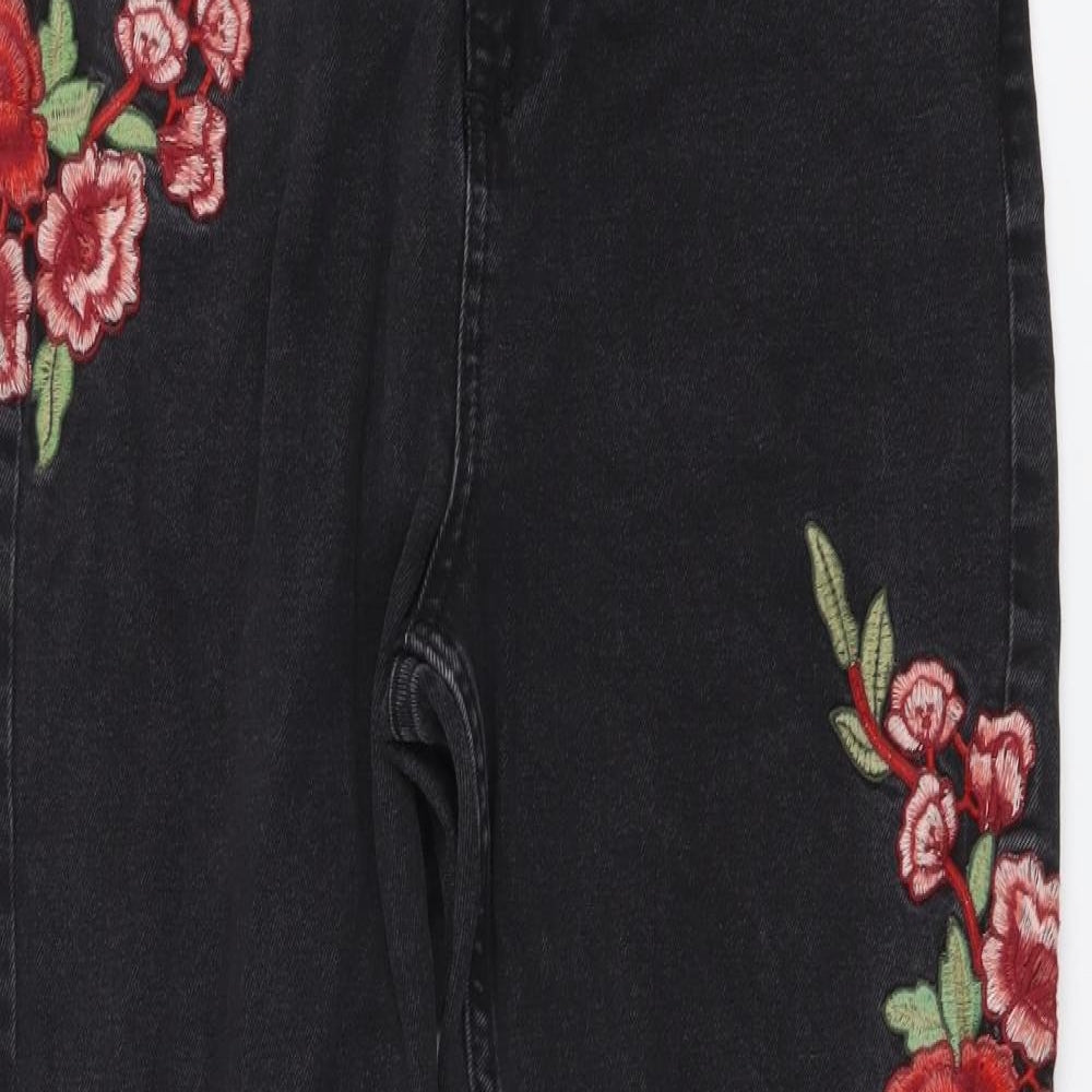 Miss Selfridge Womens Black Cotton Straight Jeans Size 12 L27 in Regular Button - Flower Detail