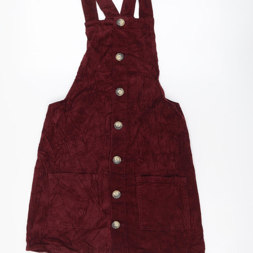 Denim & Co. Womens Red Cotton Pinafore/Dungaree Dress Size 8 Square Neck Button