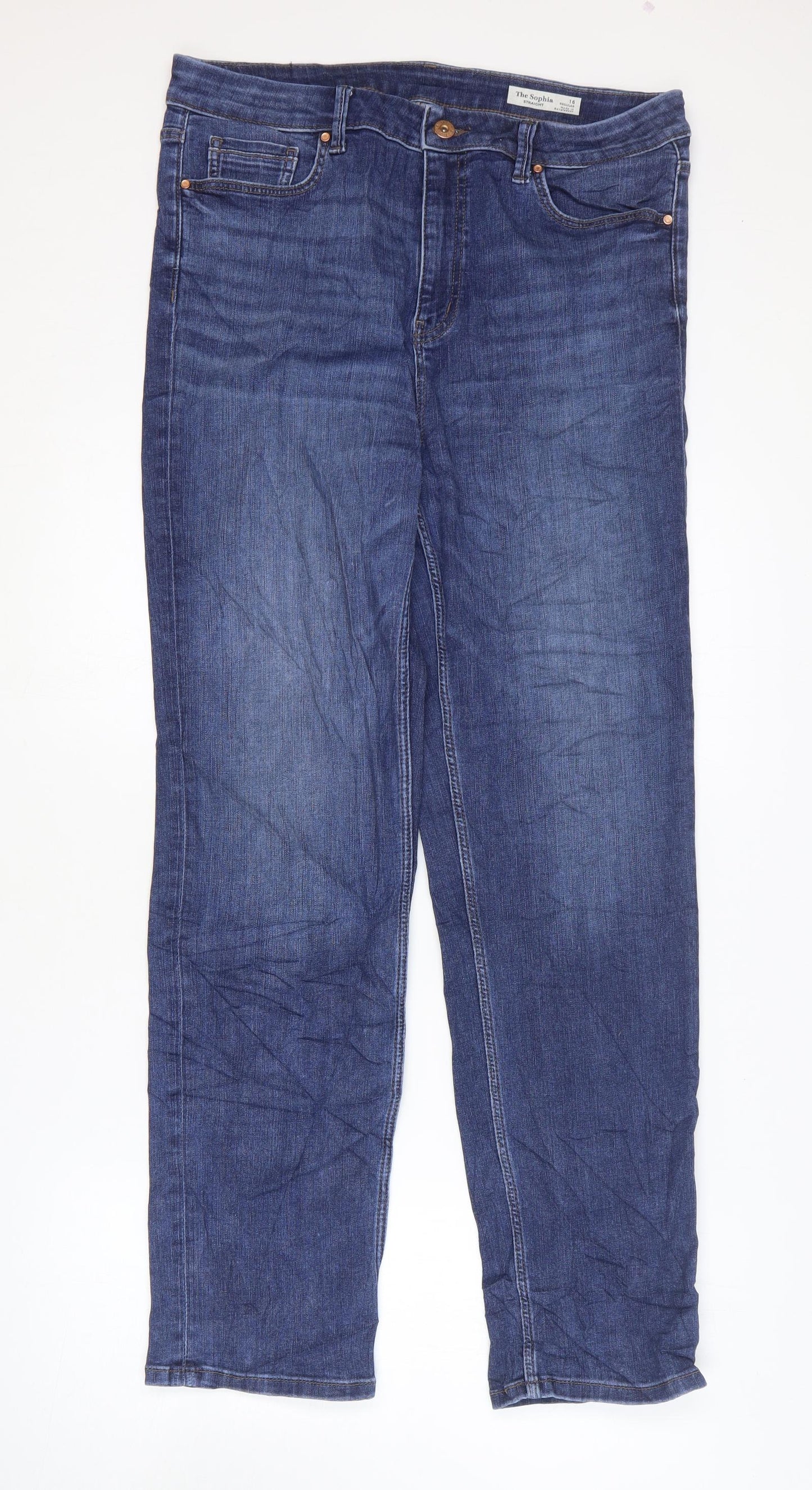 Marks and Spencer Womens Blue Cotton Straight Jeans Size 16 L31 in Regular Zip