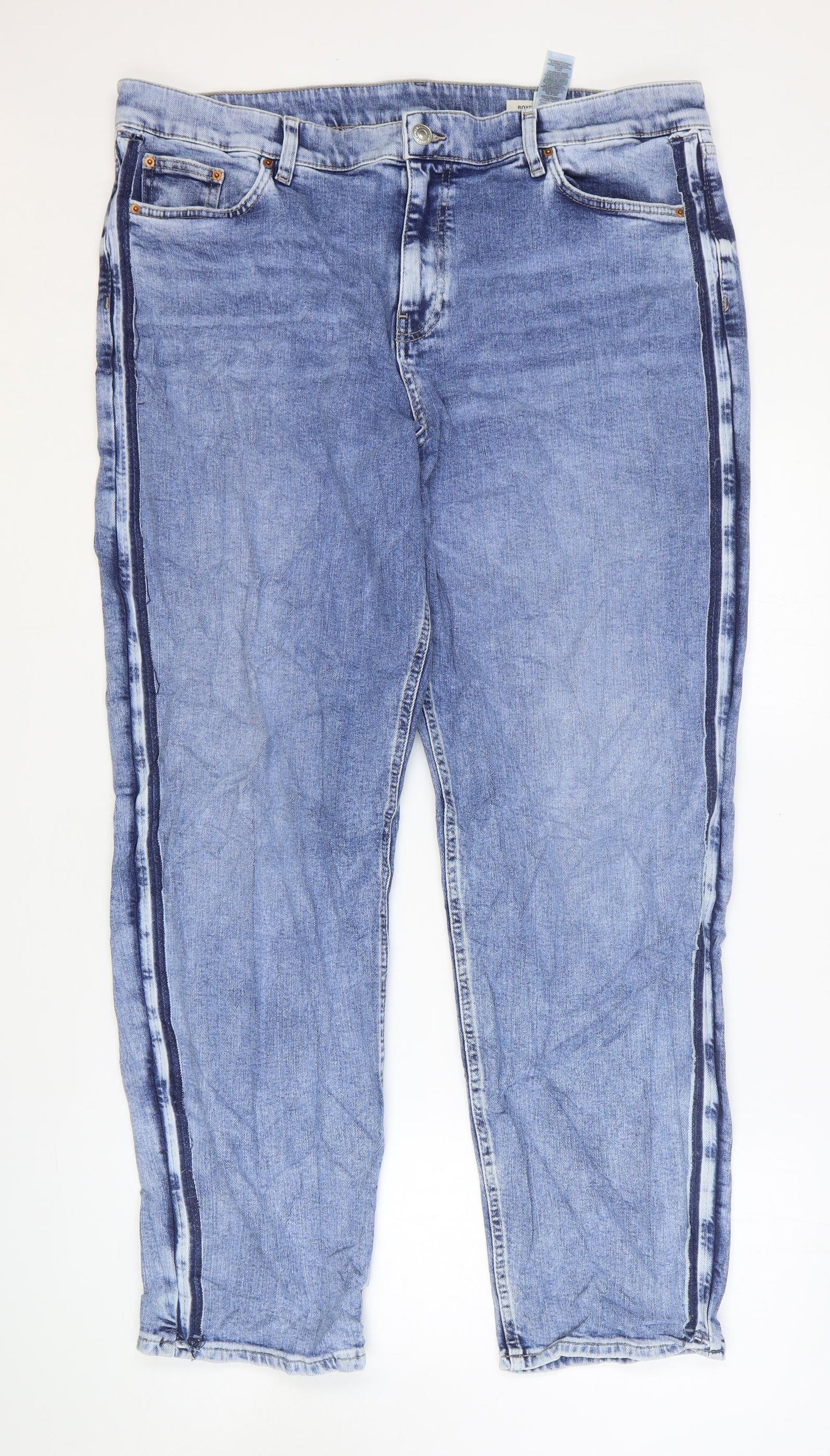 Marks and Spencer Womens Blue Striped Cotton Boyfriend Jeans Size 20 L30 in Regular Zip