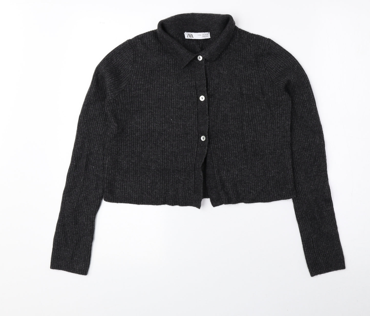 Zara Womens Grey Collared Nylon Cardigan Jumper Size M - Cropped
