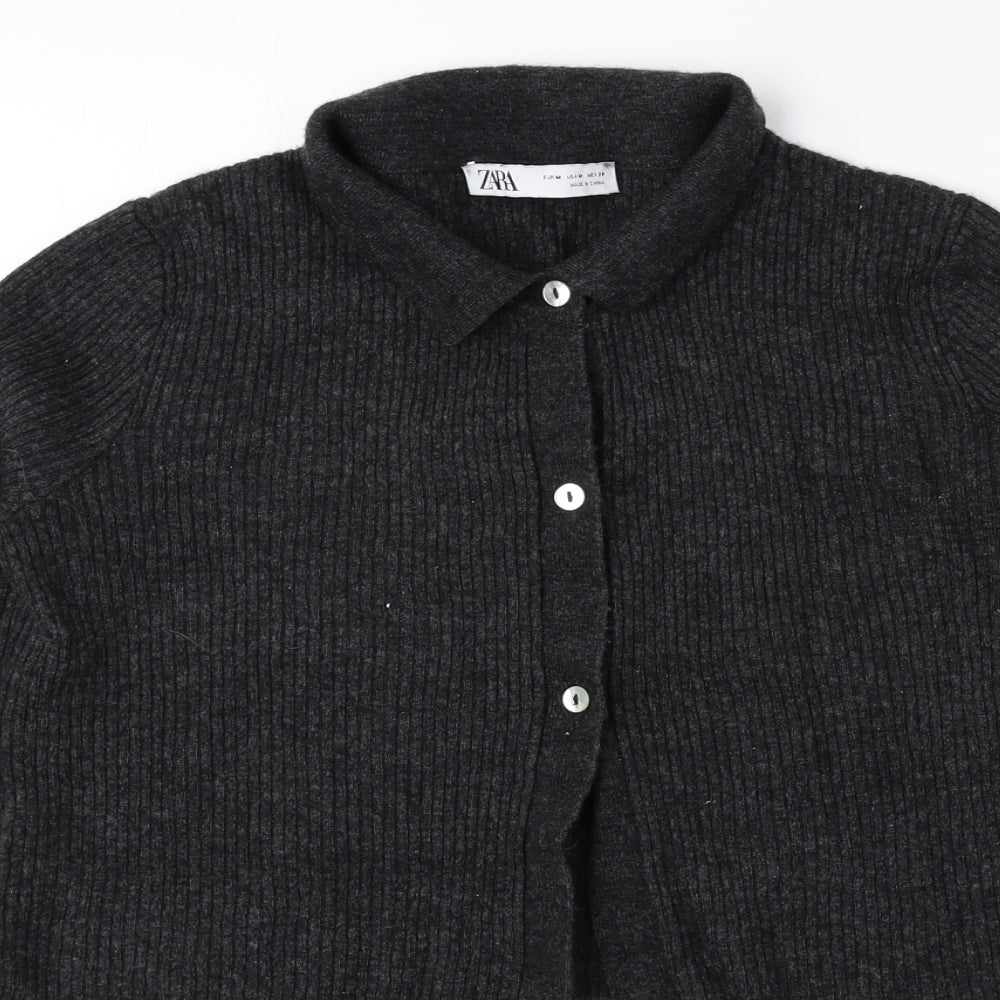 Zara Womens Grey Collared Nylon Cardigan Jumper Size M - Cropped