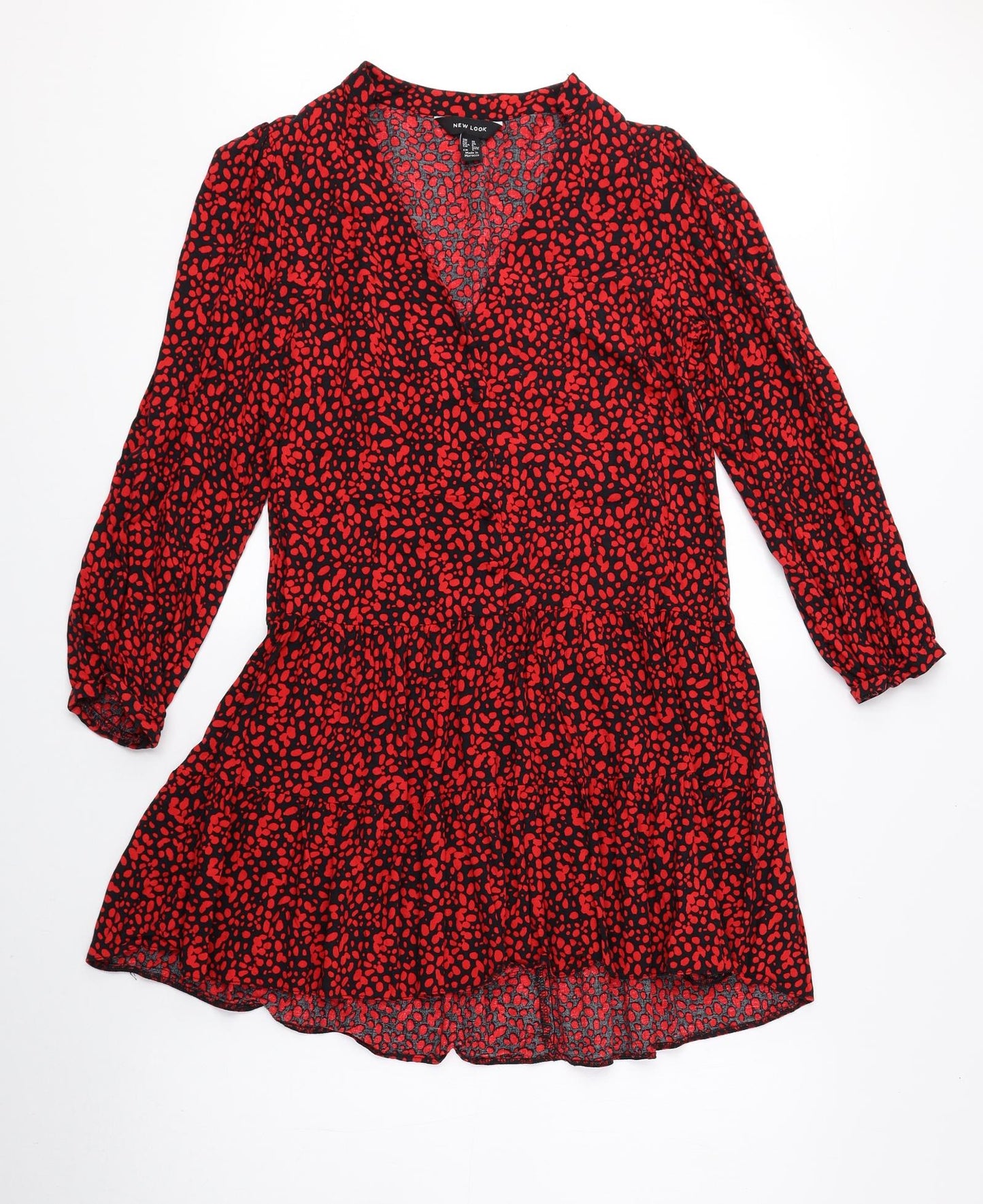 New Look Womens Red Geometric Viscose Shirt Dress Size 10 V-Neck Pullover