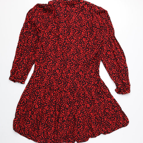 New Look Womens Red Geometric Viscose Shirt Dress Size 10 V-Neck Pullover